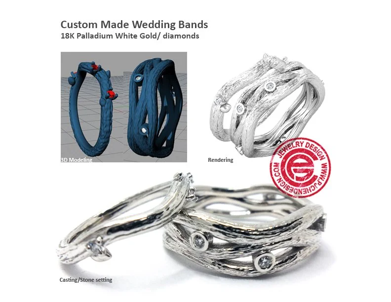 Organic Twig Wedding Bands — 18K palladium white gold with diamonds