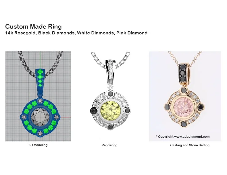 Custom Pendant — 14K rose gold, black diamonds, white diamonds, and a center pink diamond 