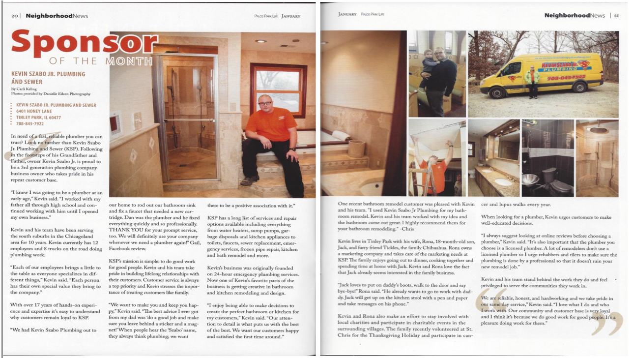 Kevin Szabo Jr Plumbing Palos Park Magazine