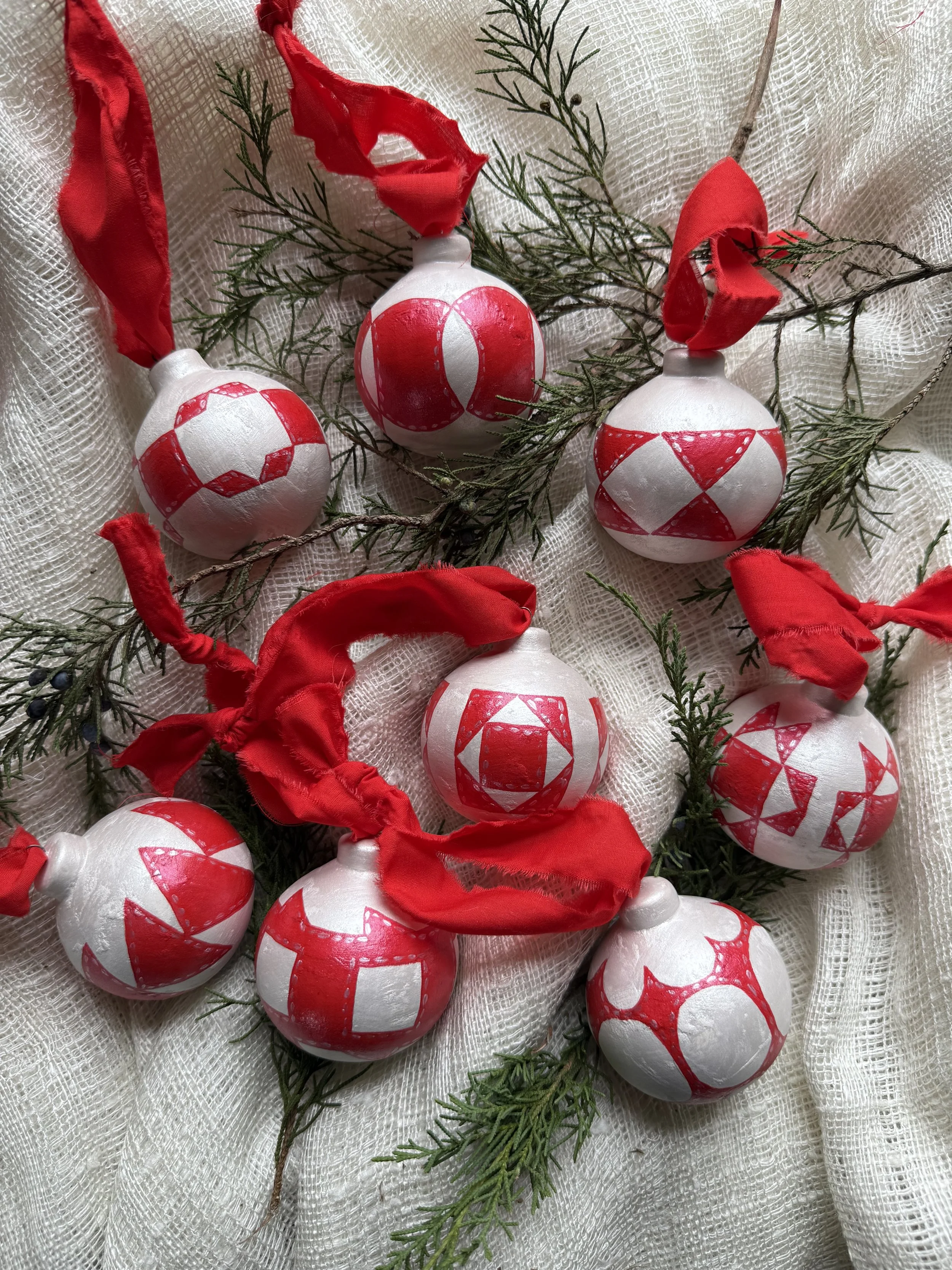 Ceramic Ball Ornament Hand Painted with a Quilt Pattern