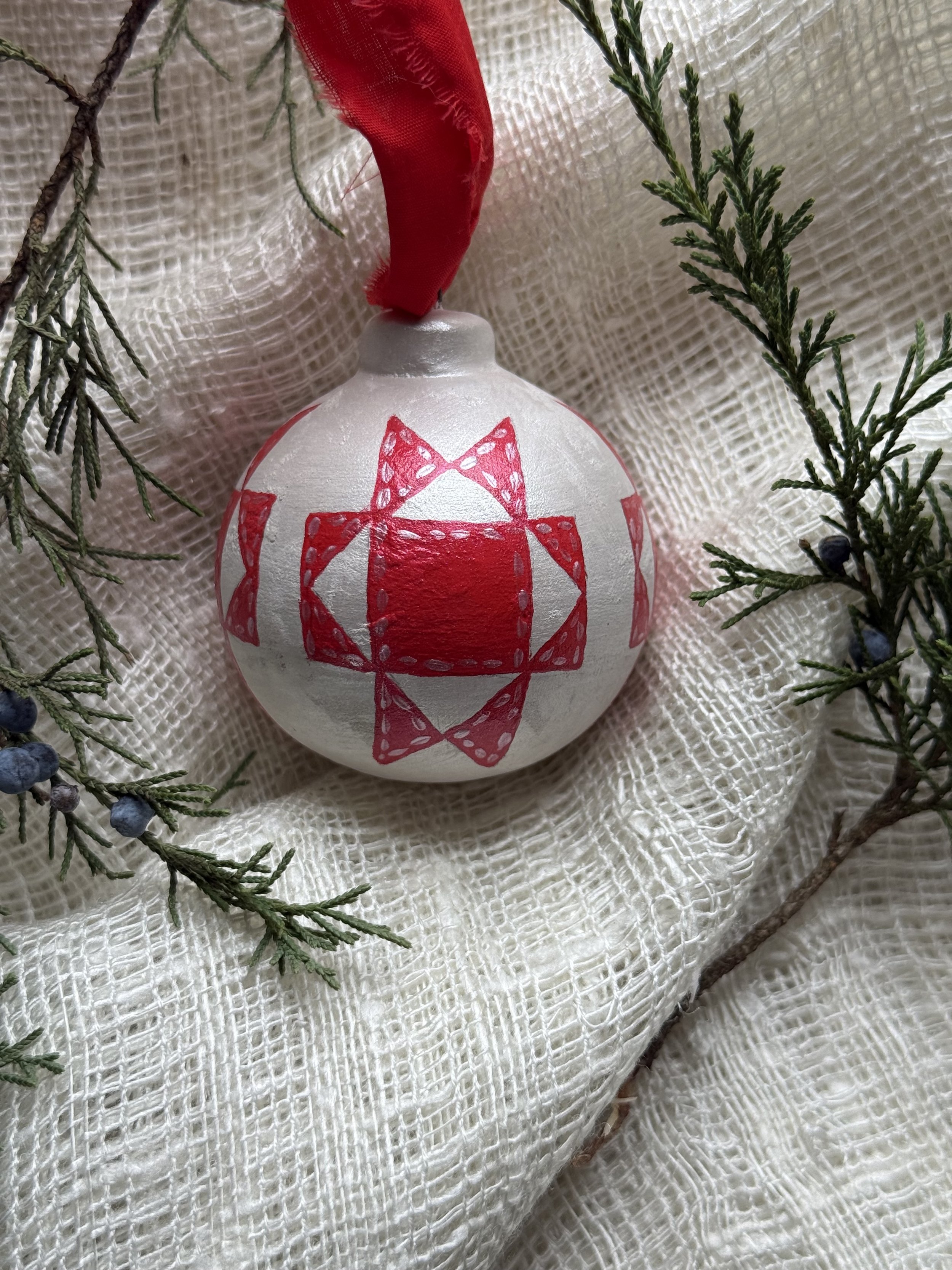 Hand Painted Quilt Block Ceramic Ball Ornament No. 5