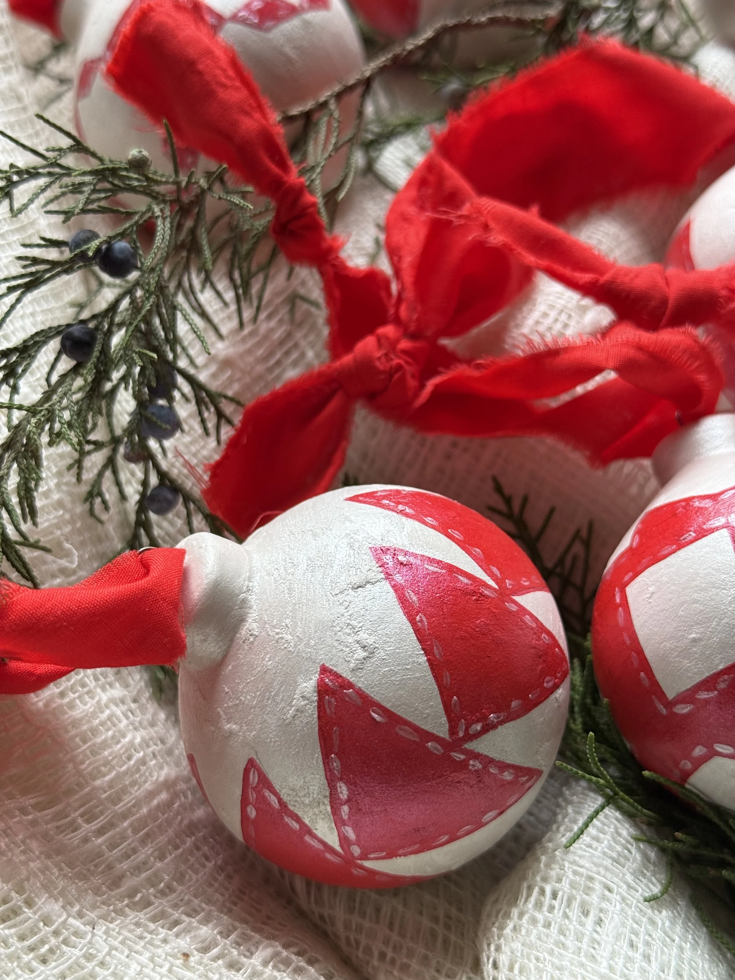 Ceramic Ball Ornament Hand Painted with a Quilt Pattern