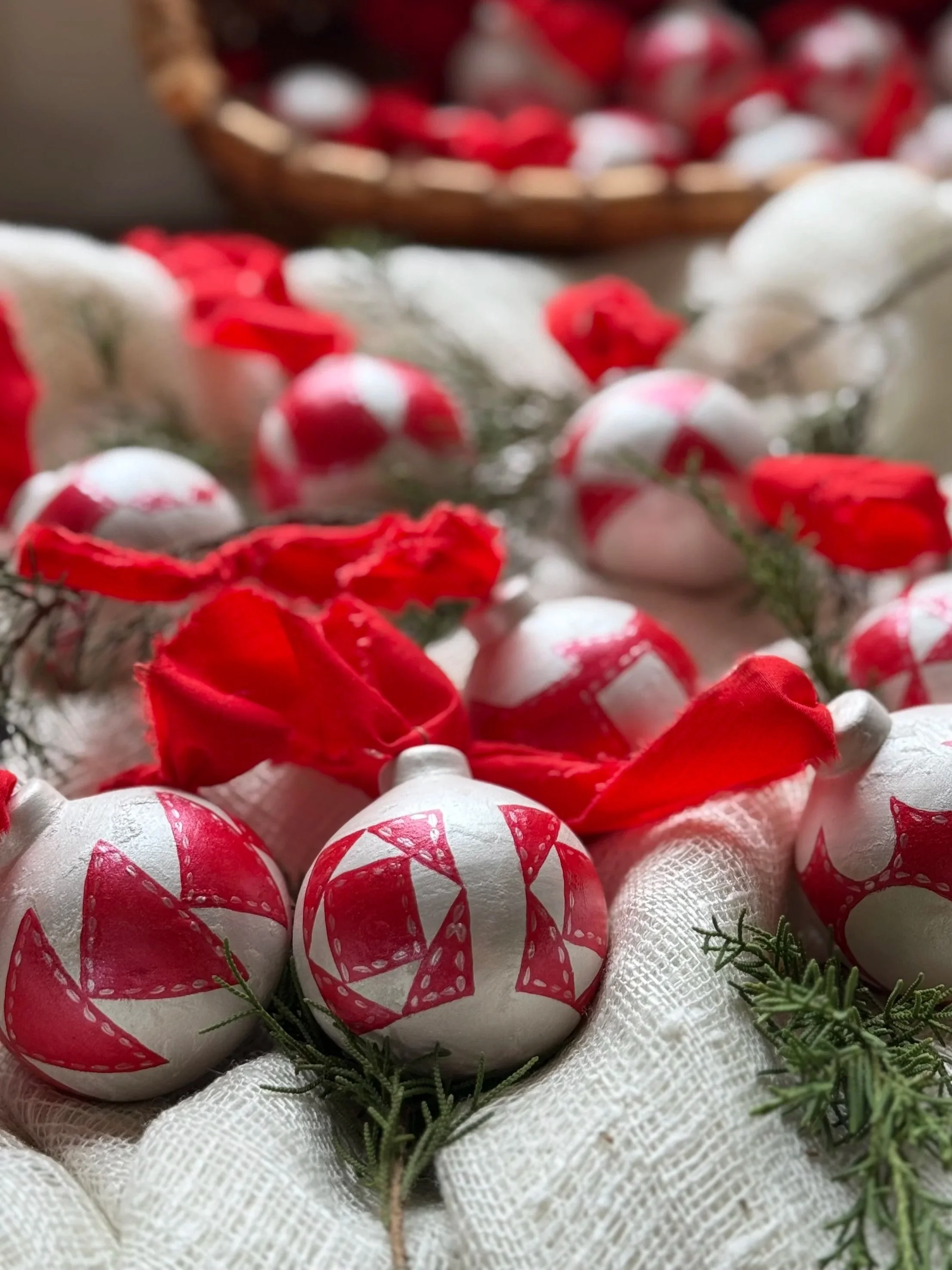 Ceramic Ball Ornament Hand Painted with a Quilt Pattern