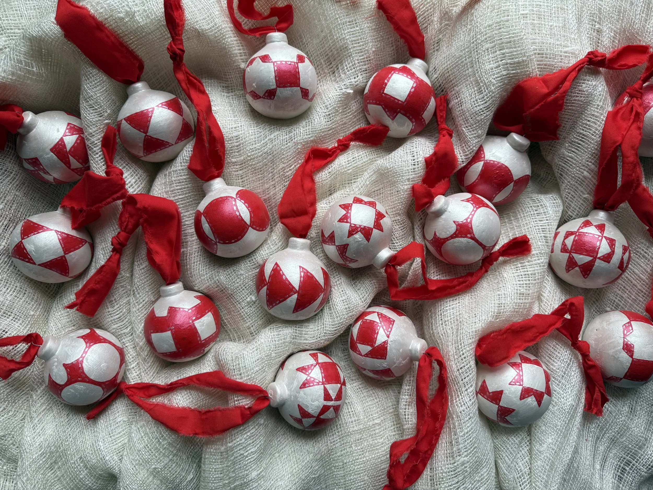 Ceramic Ball Ornament Hand Painted with a Quilt Pattern