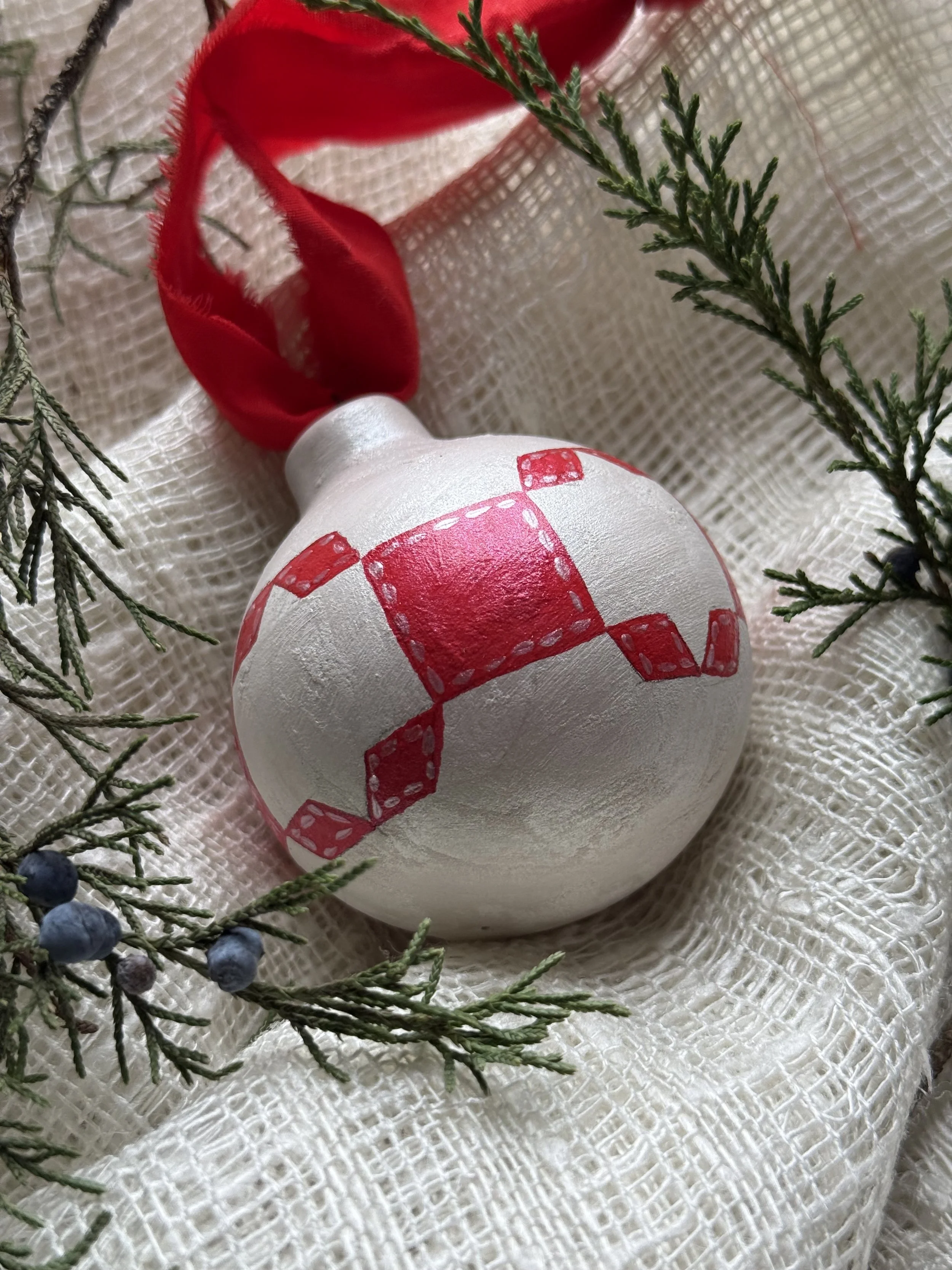 Ceramic Ball Ornament Hand Painted with a Quilt Pattern