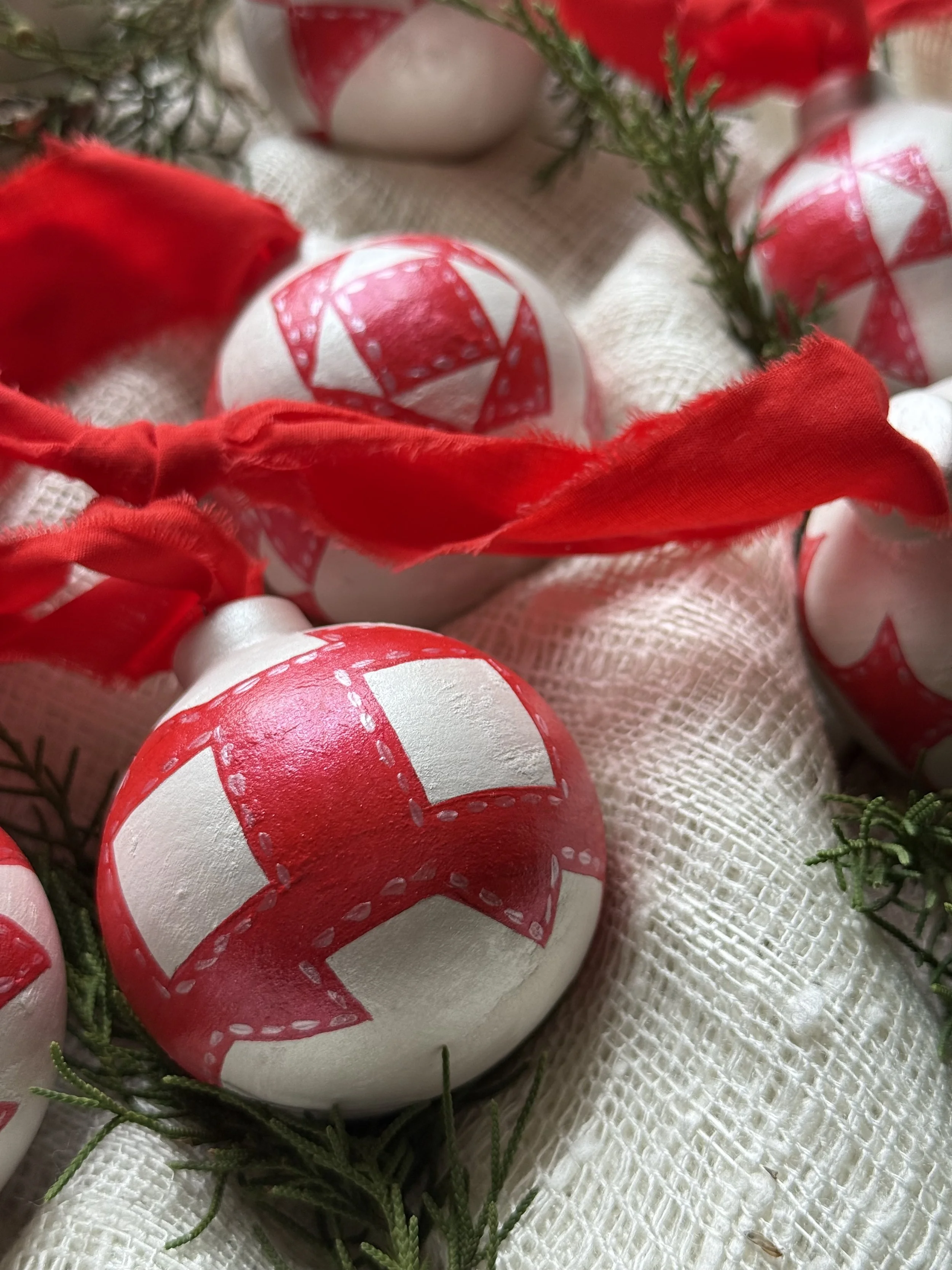 Ceramic Ball Ornament Hand Painted with a Quilt Pattern