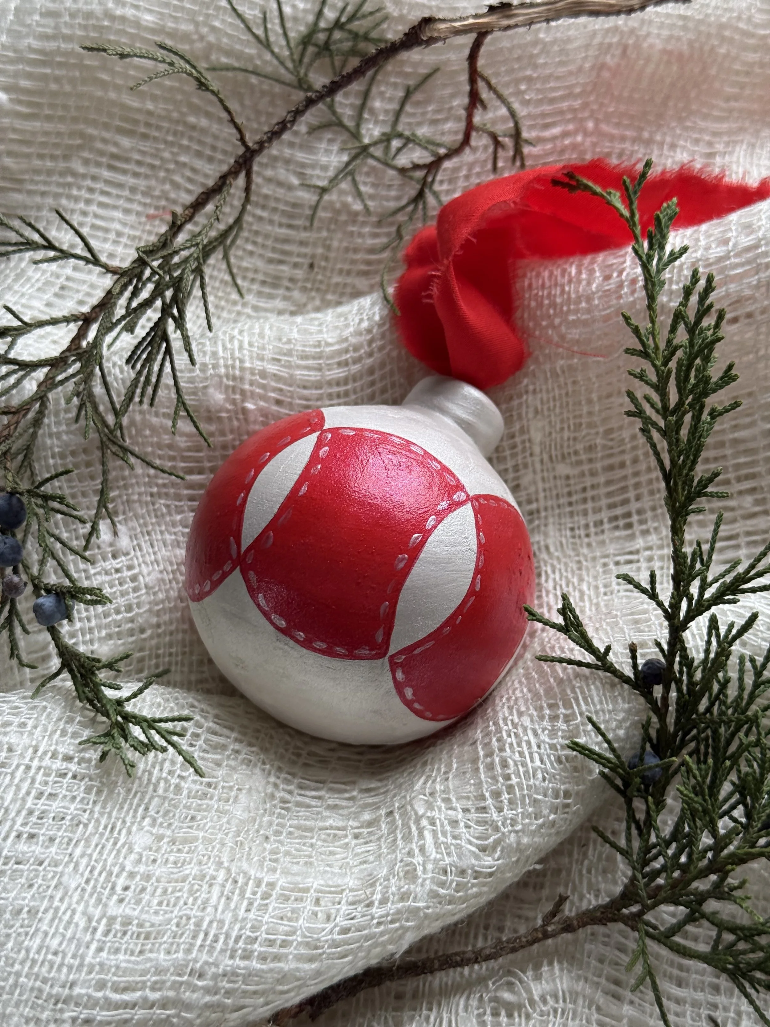 Ceramic Ball Ornament Hand Painted with a Quilt Pattern