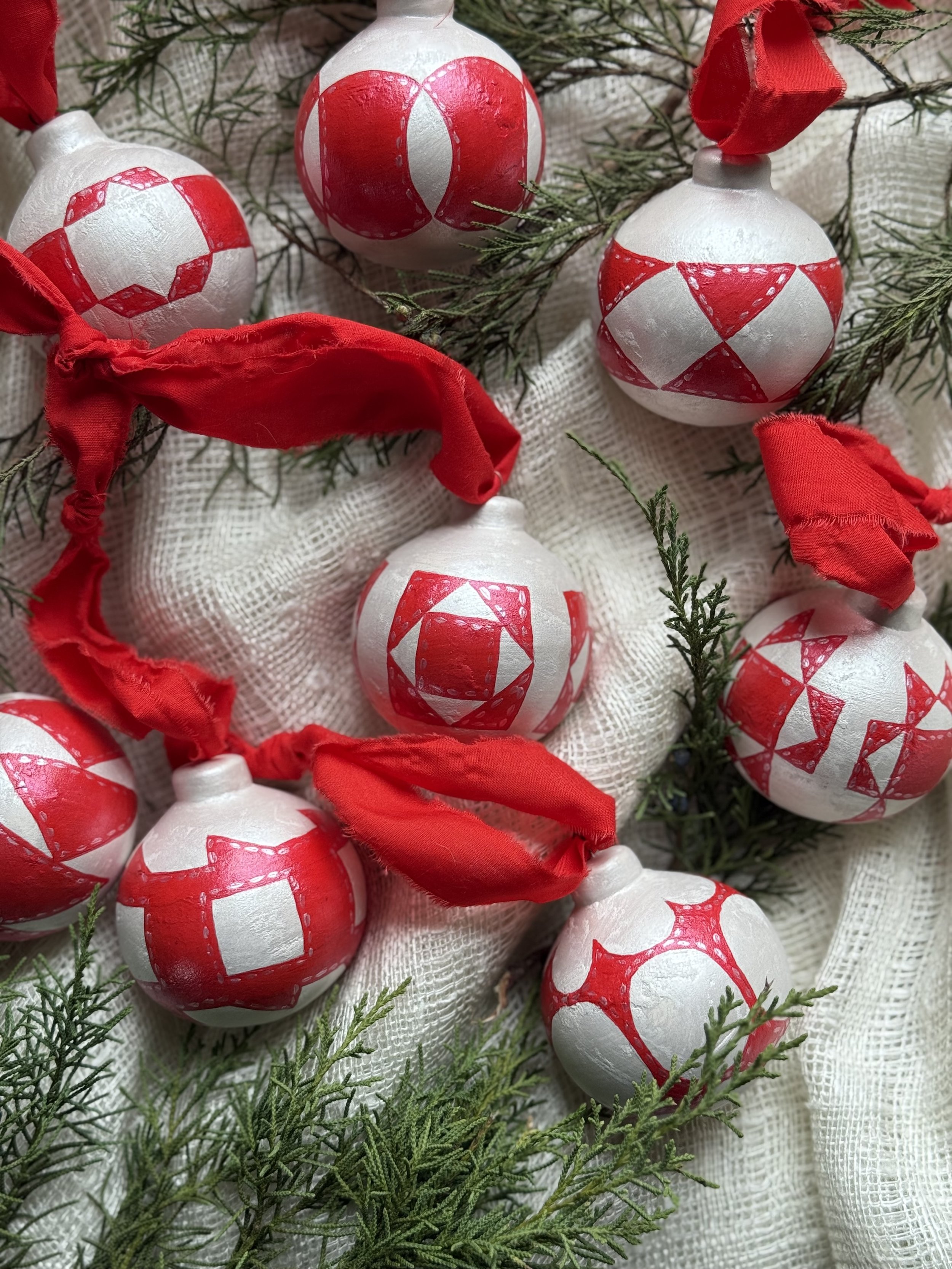 Ceramic Ball Ornament Hand Painted with a Quilt Pattern