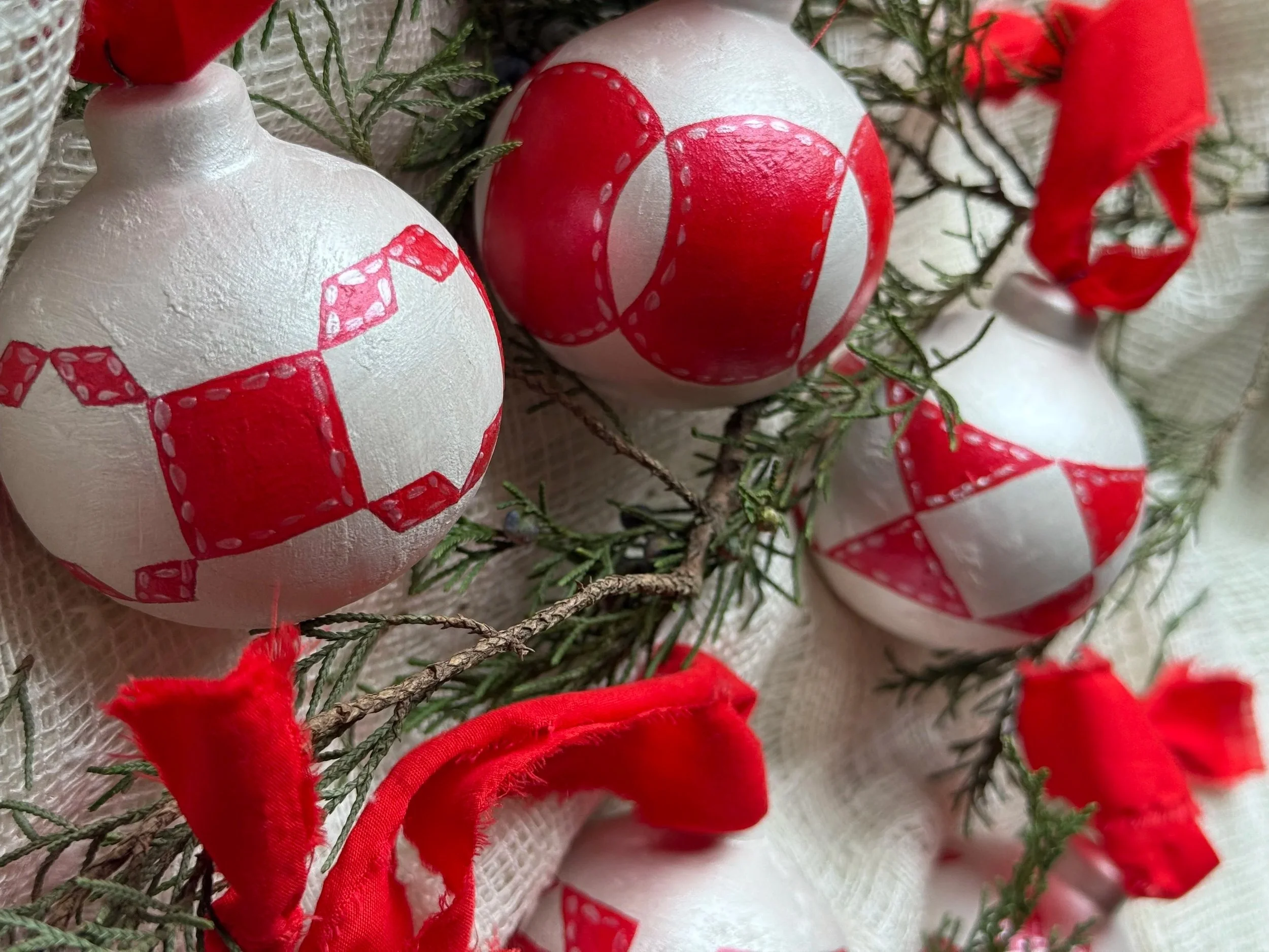 Ceramic Ball Ornament Hand Painted with a Quilt Pattern