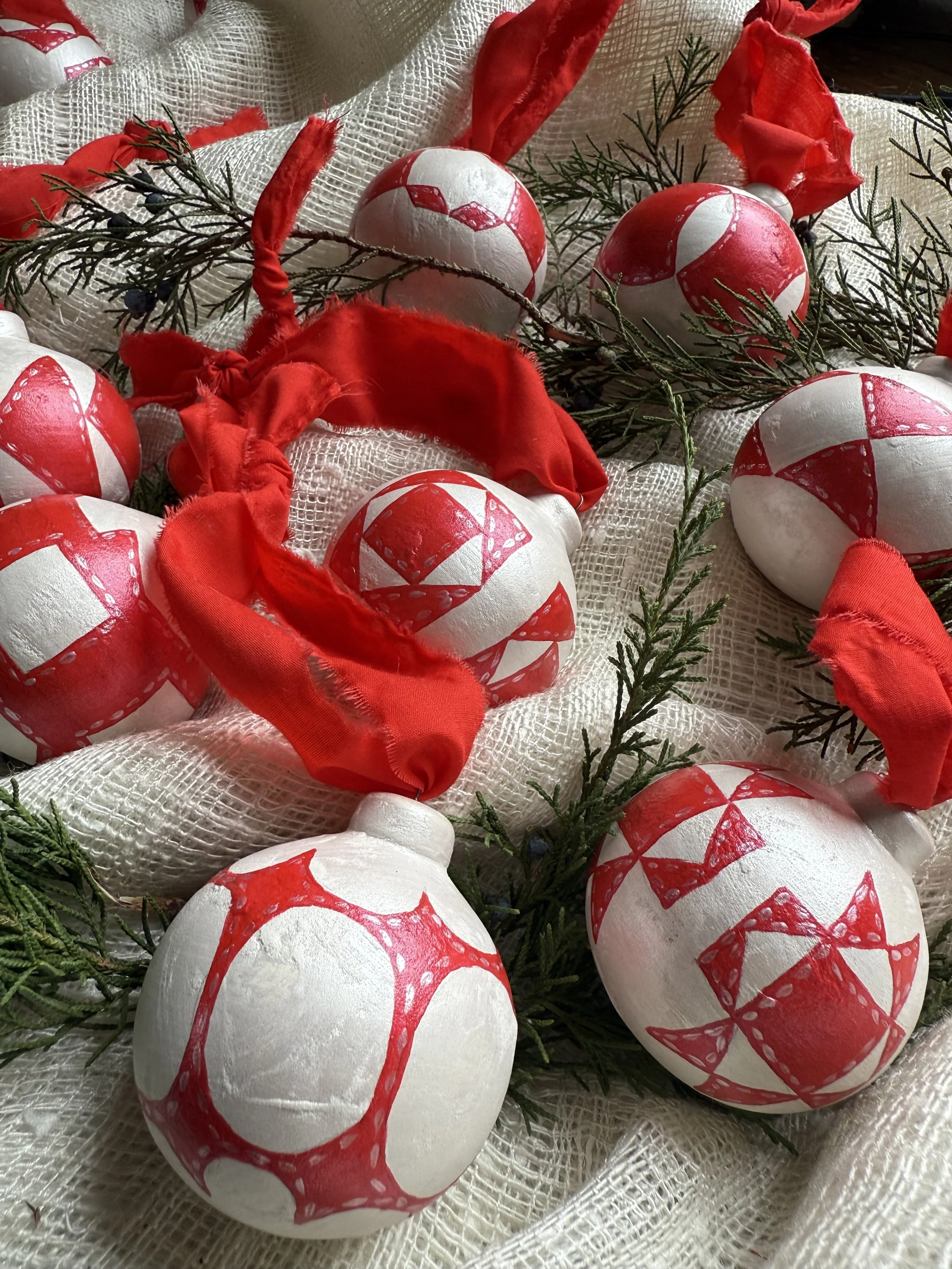 Ceramic Ball Ornament Hand Painted with a Quilt Pattern