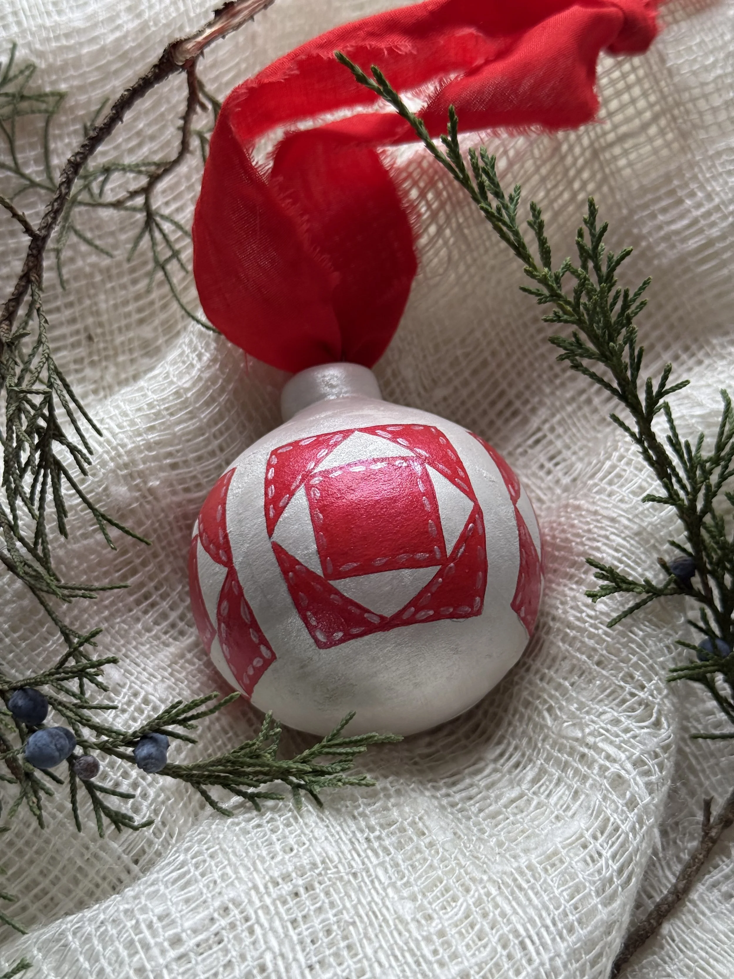 Hand Painted Quilt Block Ceramic Ball Ornament No. 2