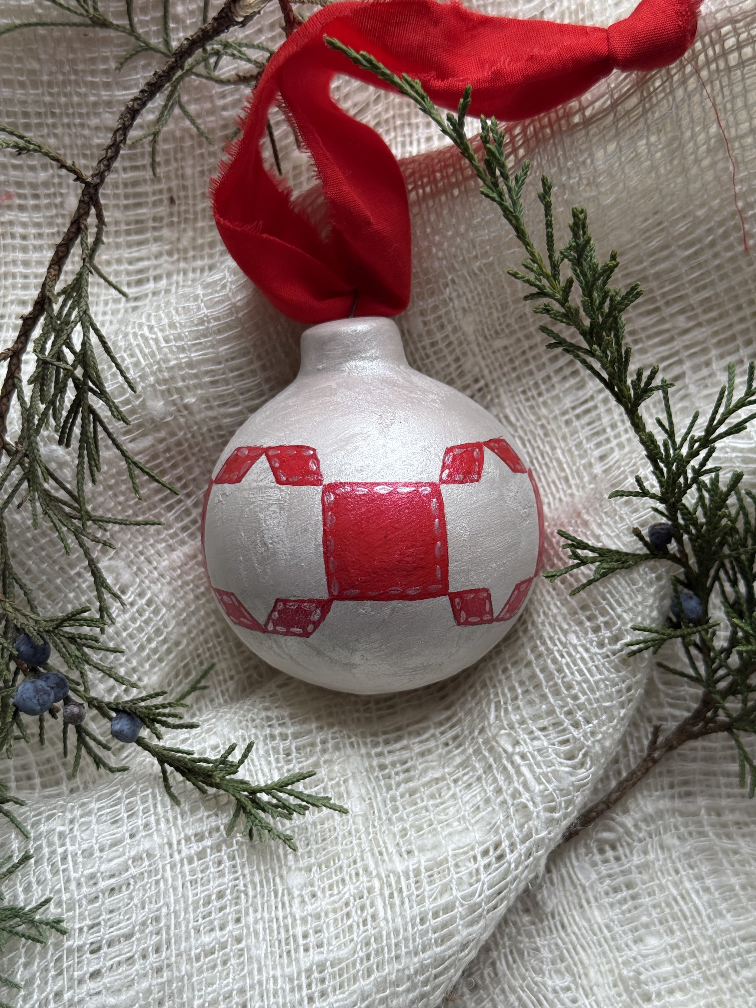 Hand Painted Quilt Block Ceramic Ball Ornament, No. 4