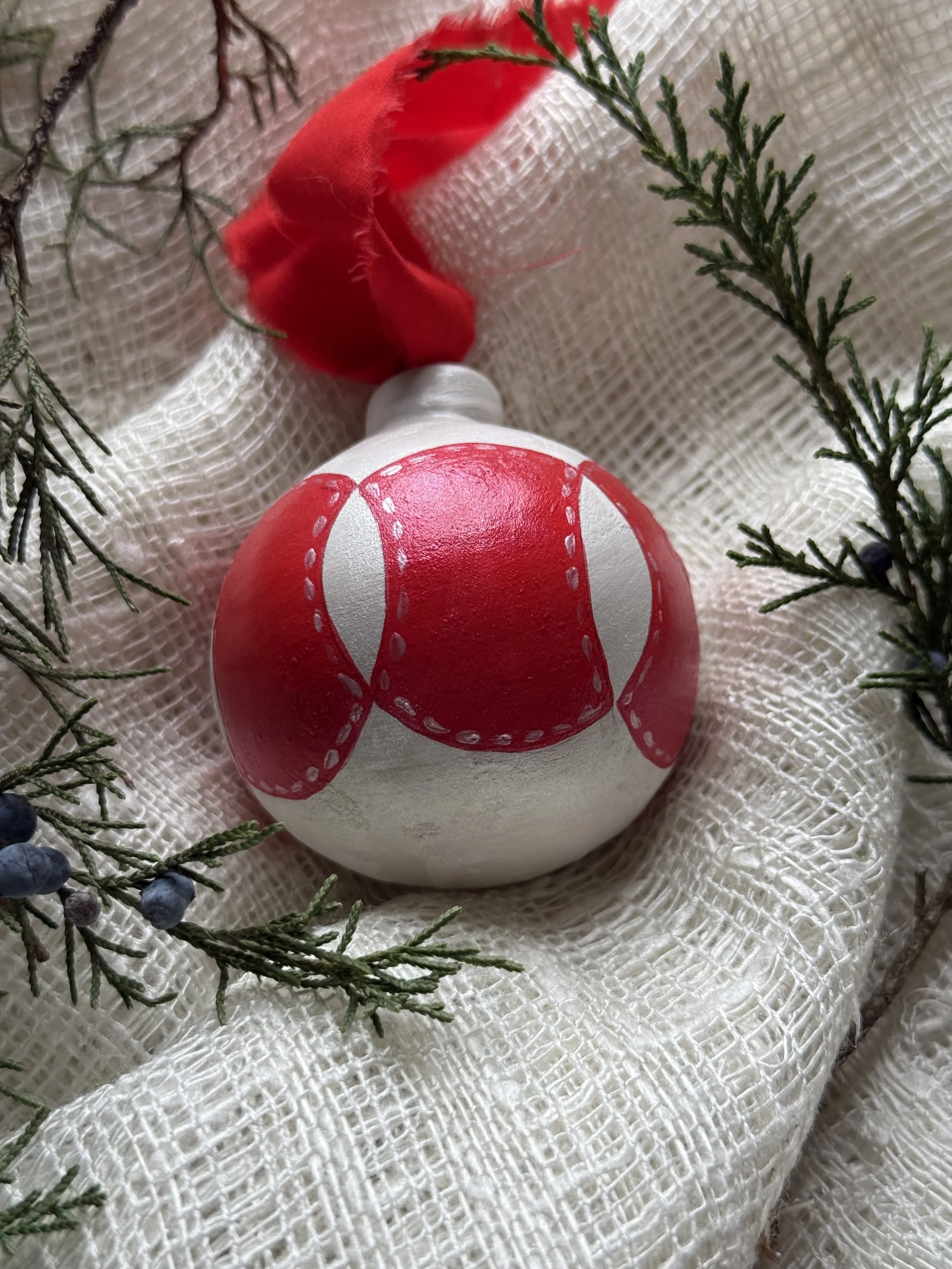 Ceramic Ball Ornament Hand Painted with a Quilt Pattern