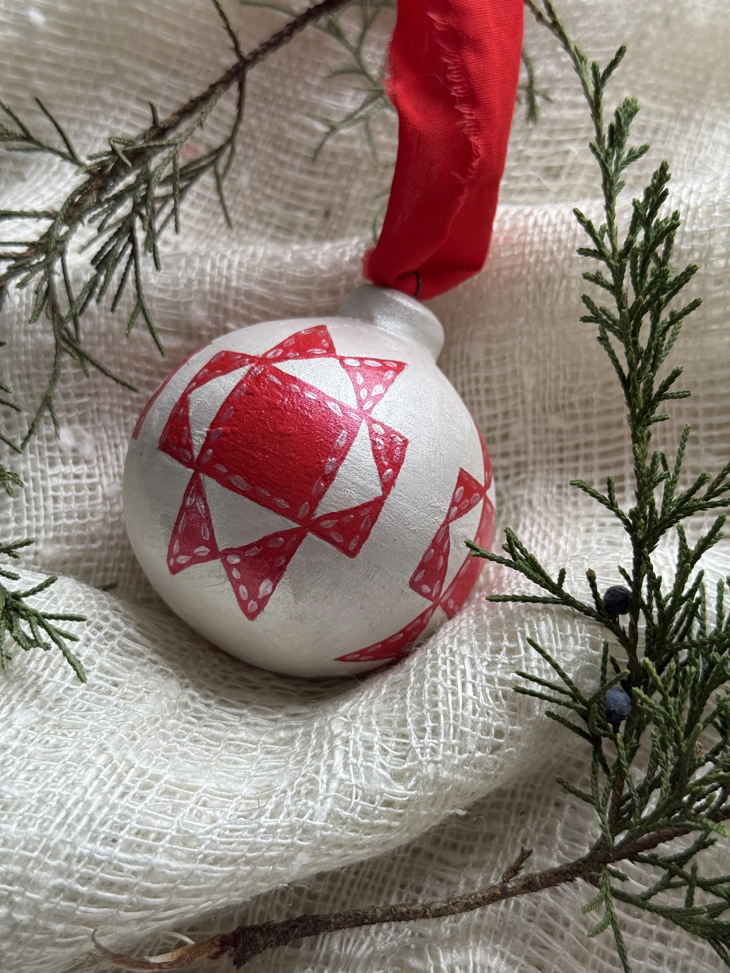 Ceramic Ball Ornament Hand Painted with a Quilt Pattern