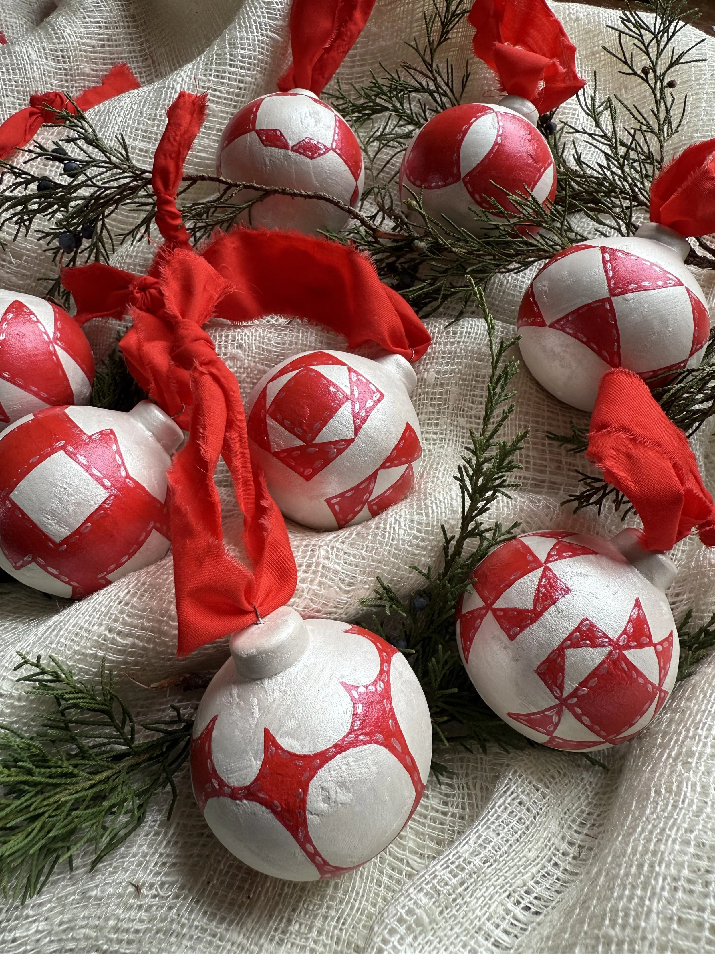 Ceramic Ball Ornament Hand Painted with a Quilt Pattern