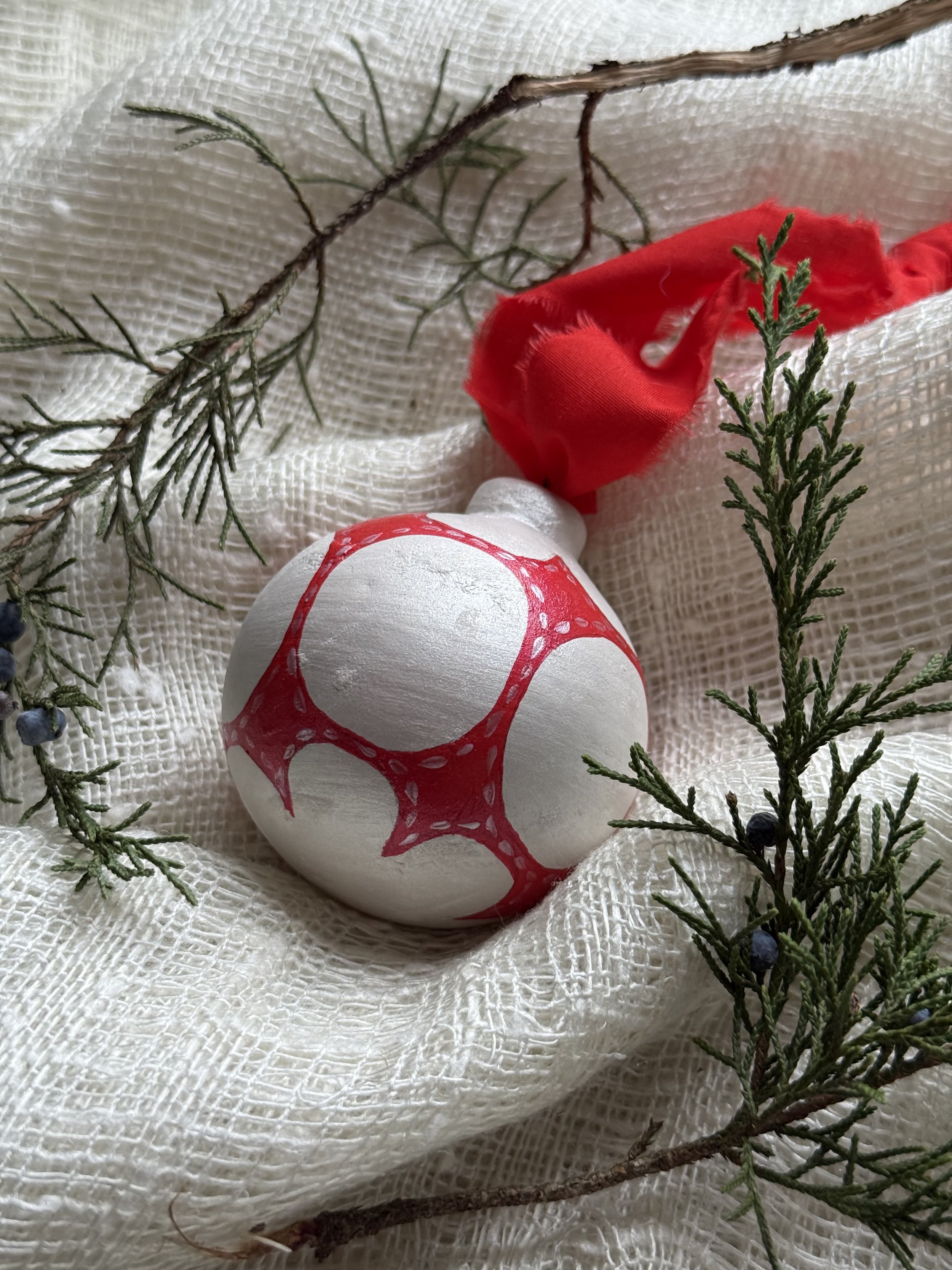 Ceramic Ball Ornament Hand Painted with a Quilt Pattern