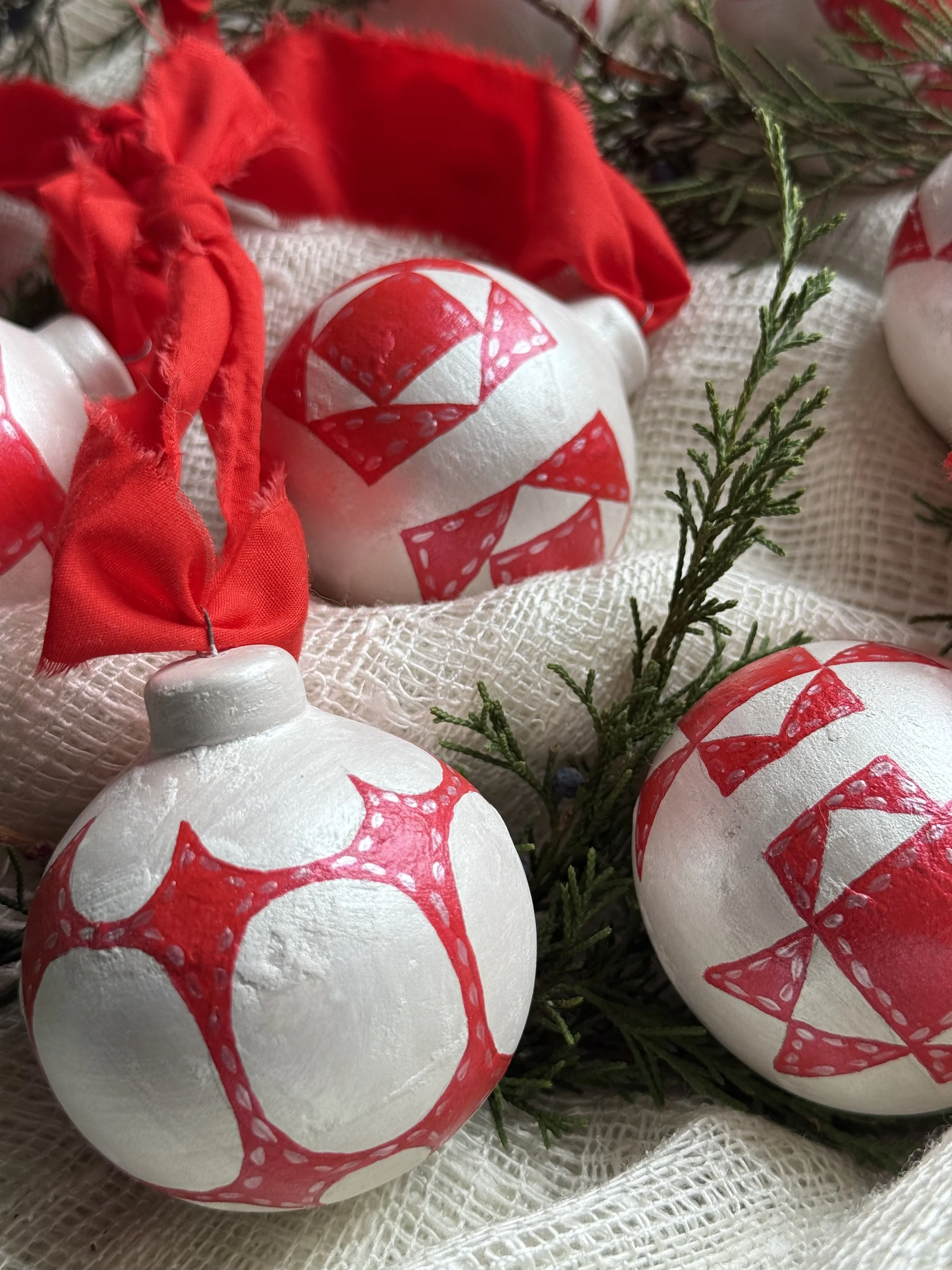 Ceramic Ball Ornament Hand Painted with a Quilt Pattern