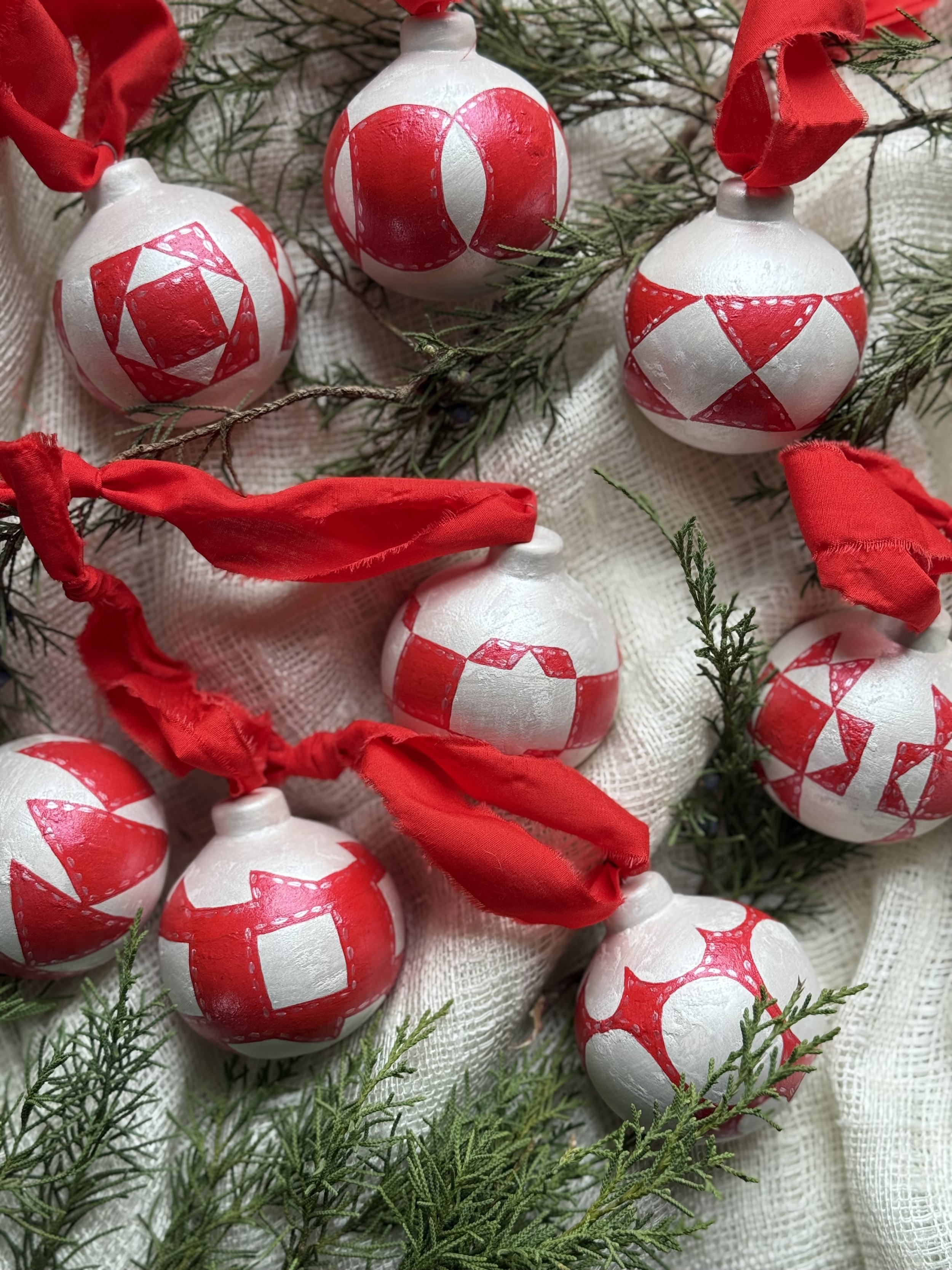 Ceramic Ball Ornament Hand Painted with a Quilt Pattern