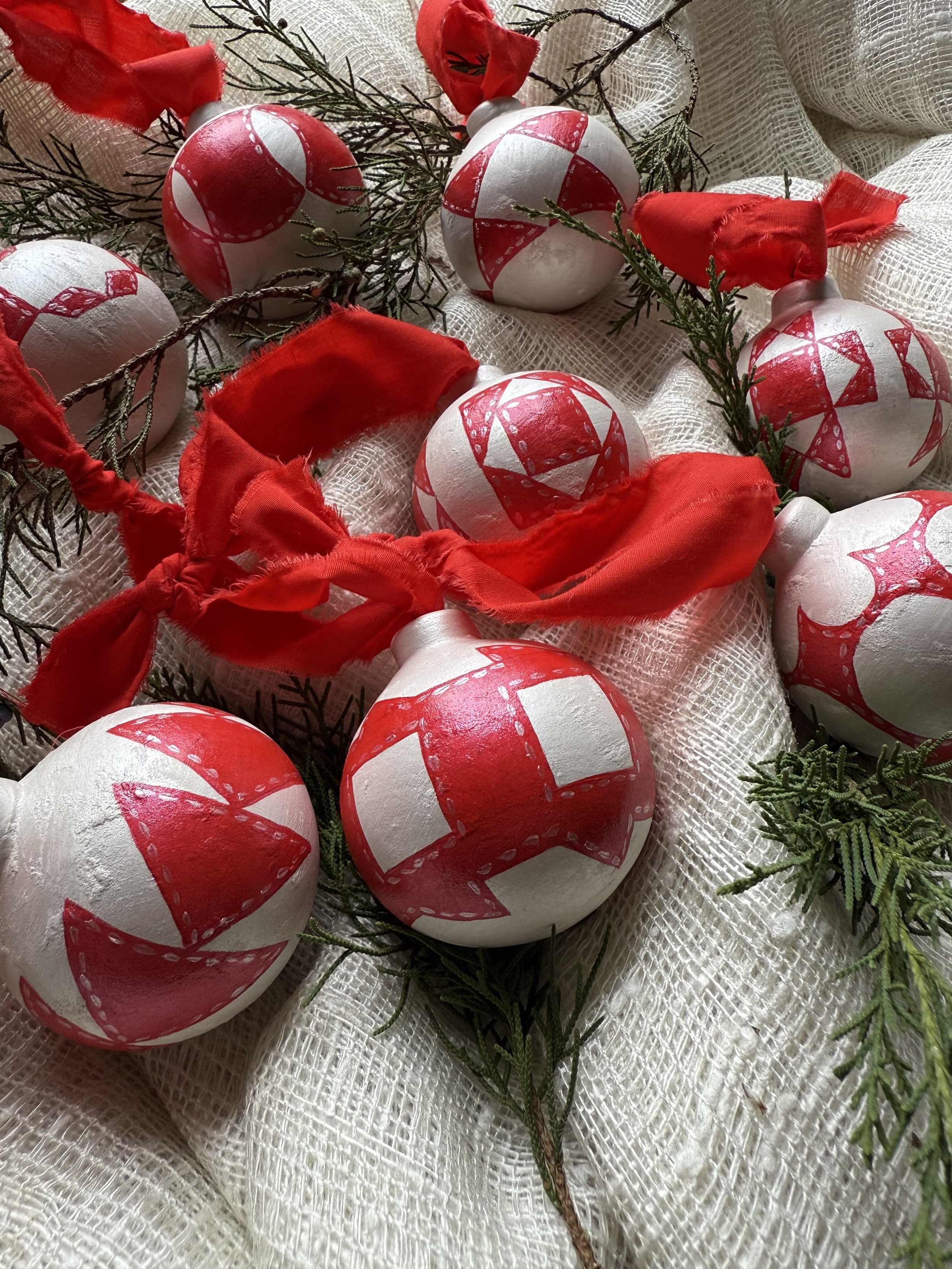 Ceramic Ball Ornament Hand Painted with a Quilt Pattern