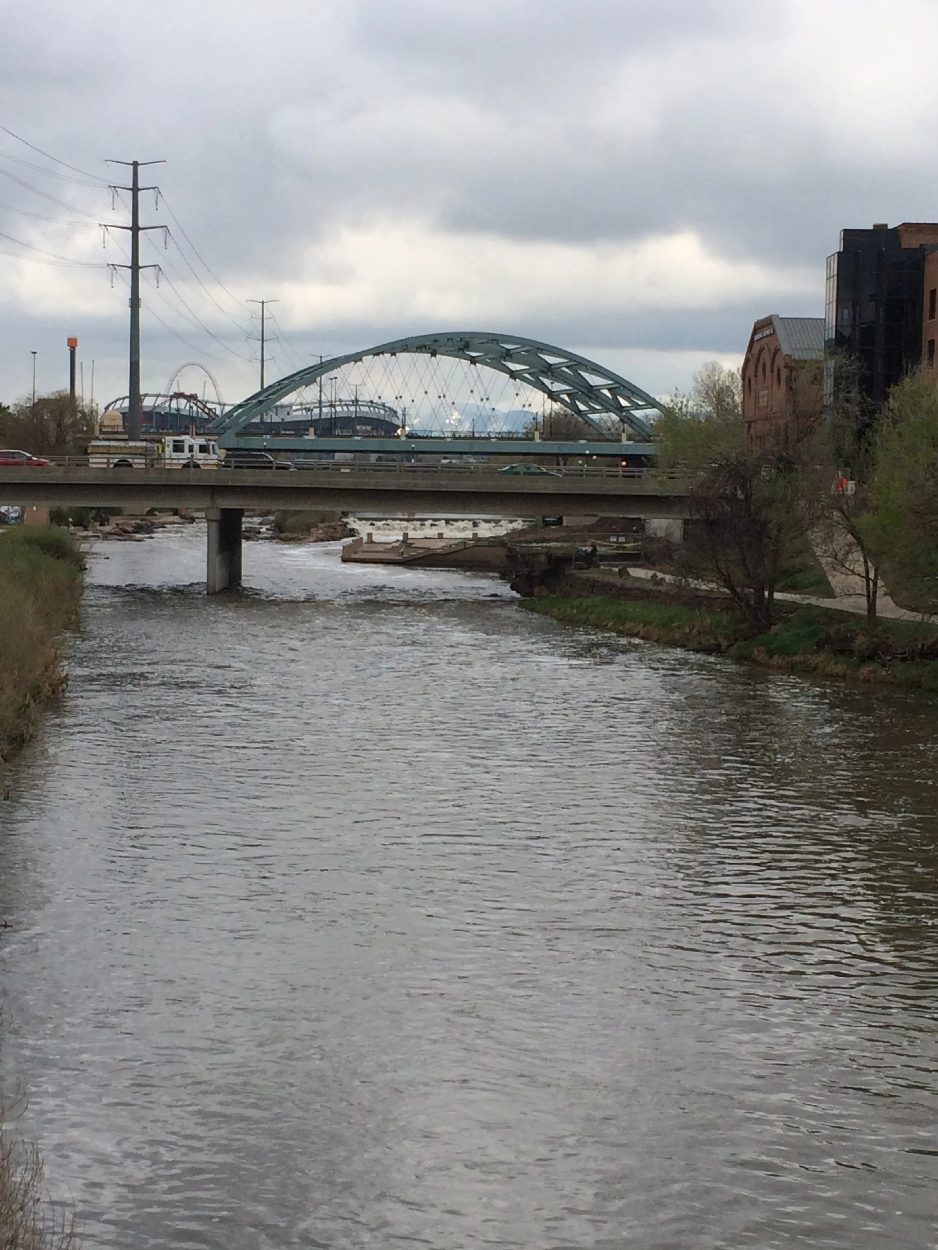 Platte River, Sports Authority Stadium & Rocky Mountains way out in the distance.