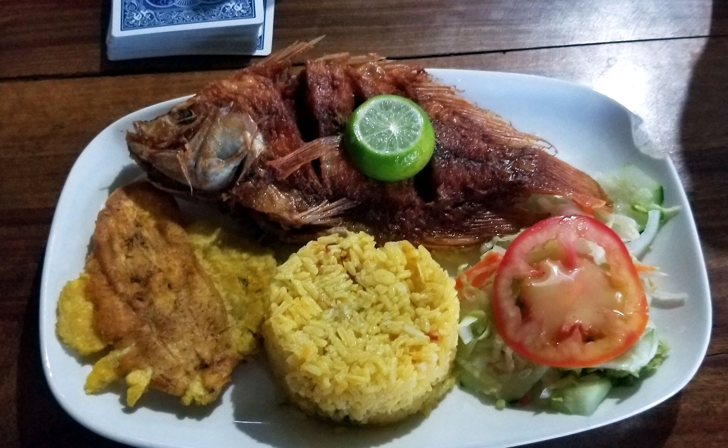 dinner numero uno - pescado, fried plantain, rice (sooo good)