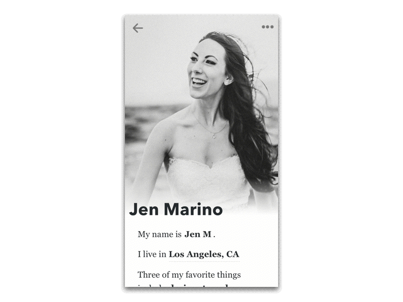 For this challenge piece, I wanted to create an animation to further show additional content as well as push myself past posting just a static image. Overall, I wanted to design a user profile that feels more as if it's telling a story than pushing out stats. The content focuses more on the person and I feel that the typography aids in that goal.