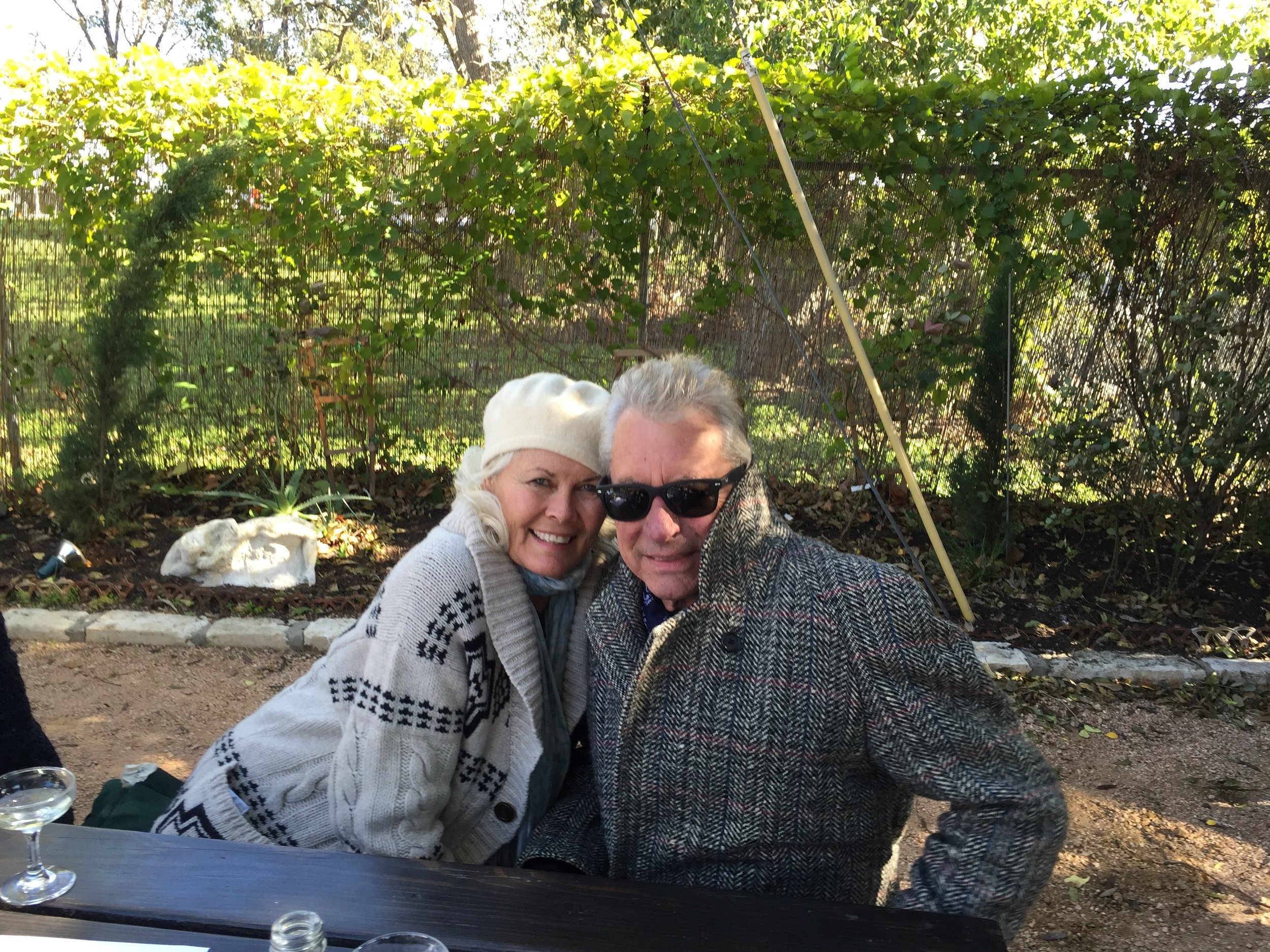 Sharon and Joe Ely in the garden at Justine’s in Austin.