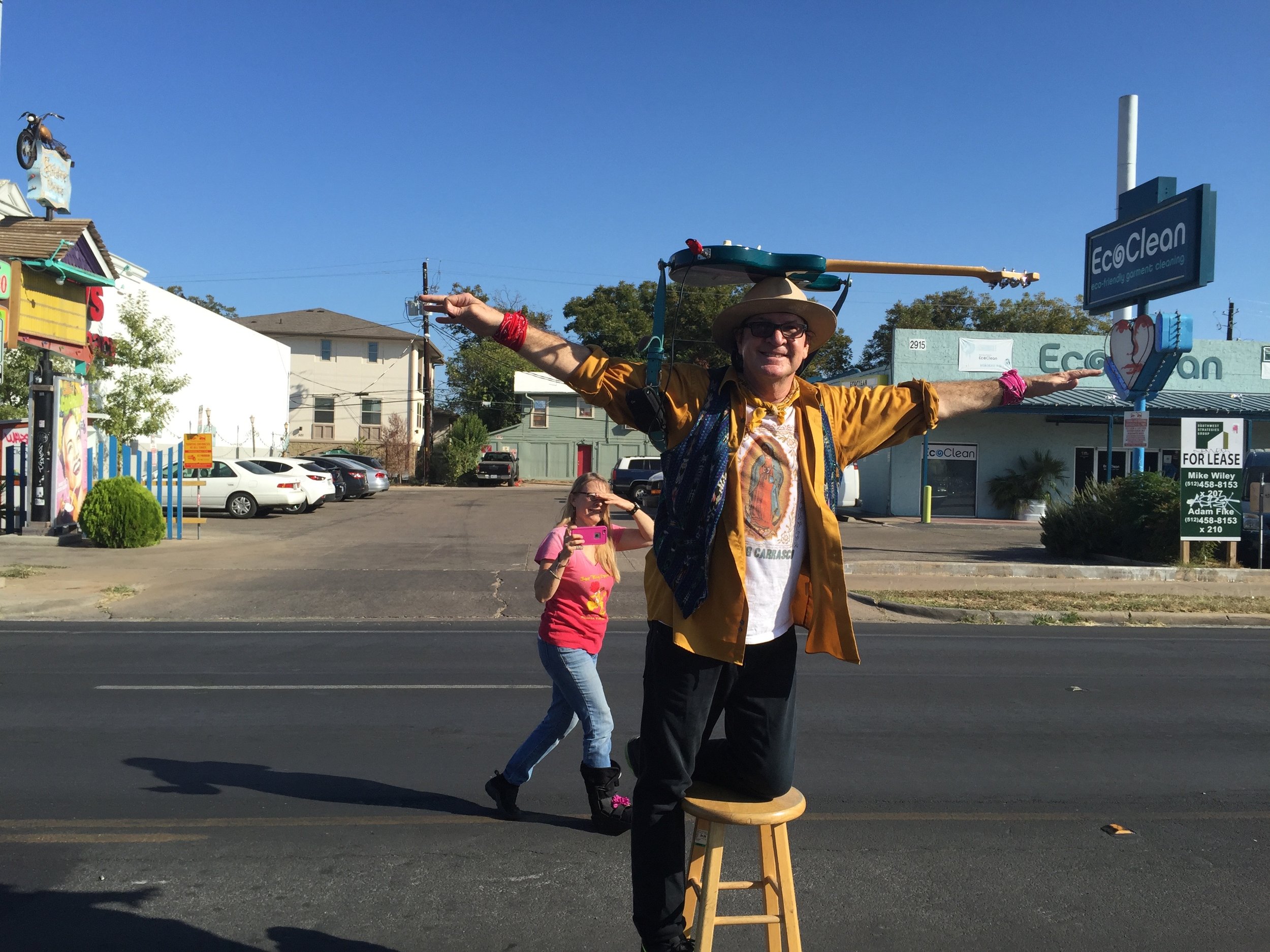 Joe King Carrasco in the middle of Guadalupe Street in Austin during his show at Antone’s Records.