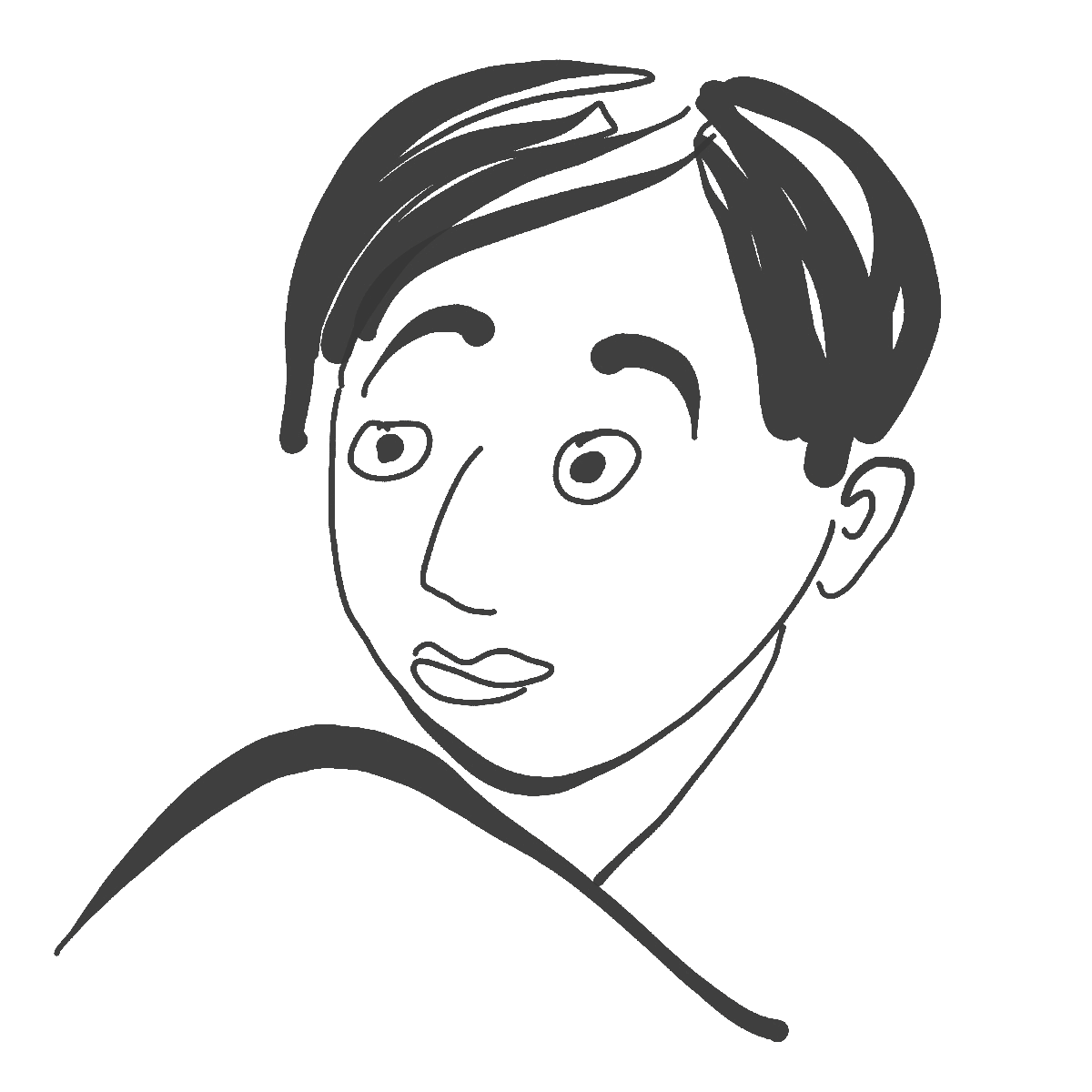 Minimal line art portrait of a surprised-looking boy glancing over his shoulder, drawn in a fluid and expressive black line style.