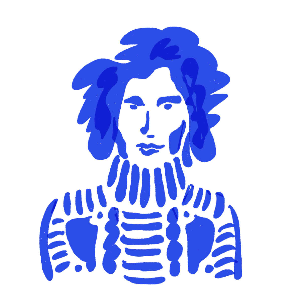Bold minimal line art portrait of a man with voluminous hair and a patterned outfit, illustrated in striking electric blue tones.