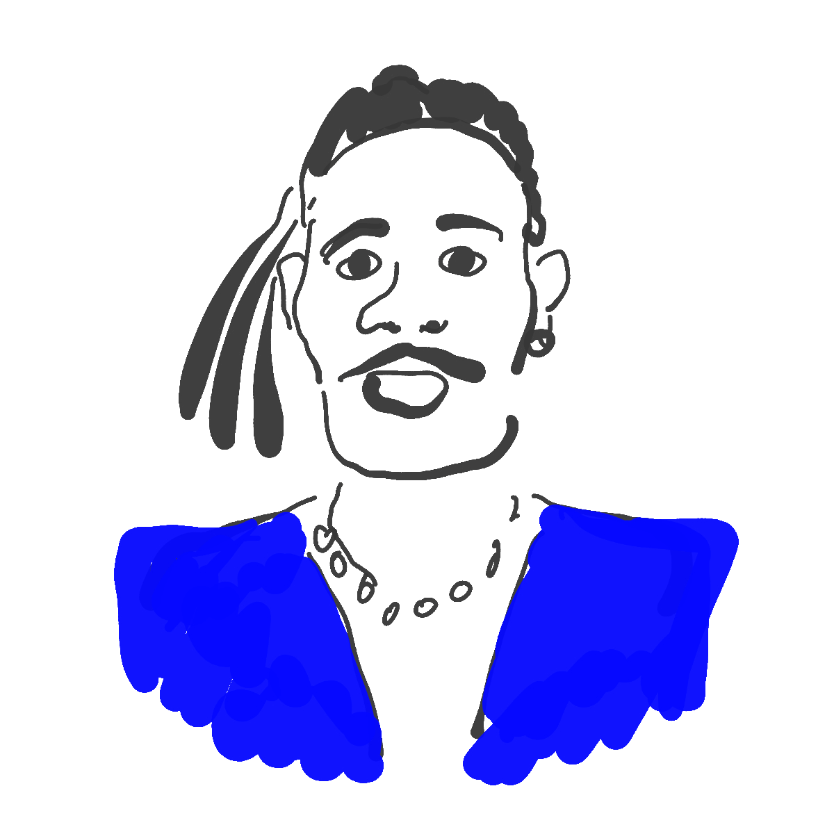 Hoppiright line art portrait of a confident man with braids and a beard, wearing bold blue shoulder pads and a necklace, illustrated in a striking minimal style.