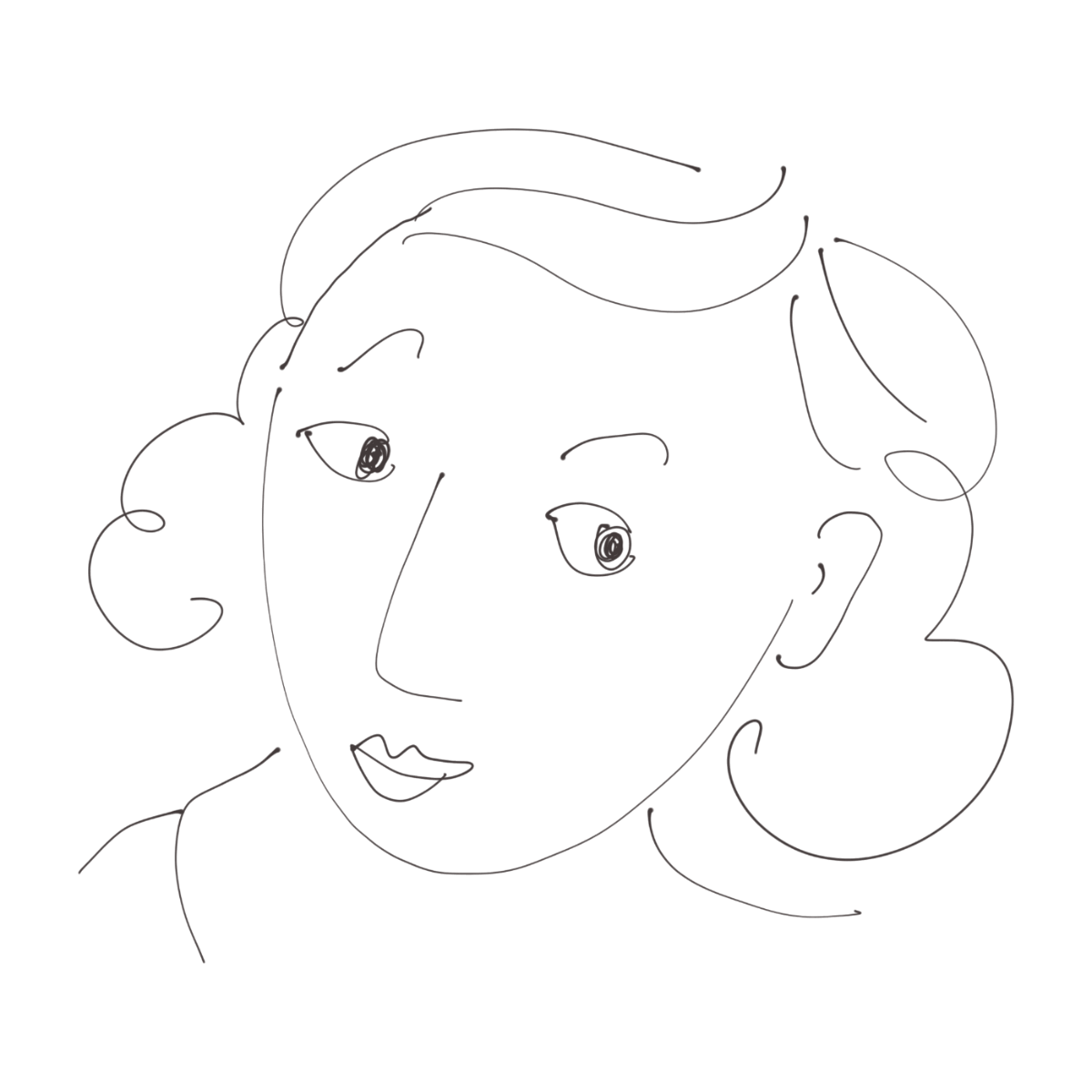 Hoppiright minimal line art portrait of a young woman with soft curls, drawn in a single continuous line for a modern, abstract look.
