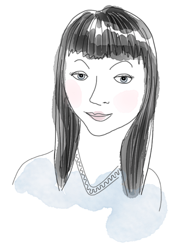 Minimal line art portrait of a girl with long straight hair and bangs, wearing a blue ruffled blouse and blush-pink cheeks, drawn in a stylized and expressive manner.