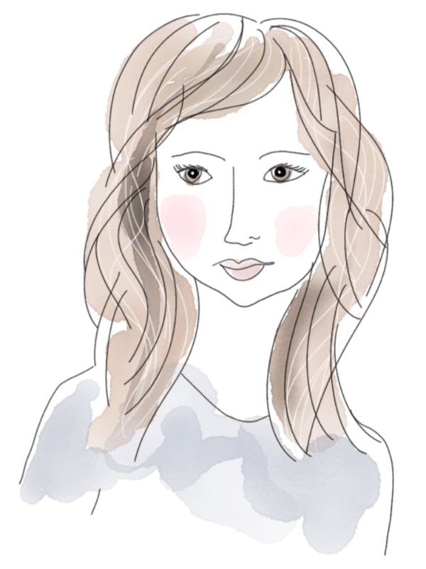 Hoppiright character illustration of a girl with long wavy brown hair, soft blush cheeks, and a light blue top, drawn in a minimal line art style with expressive hand-drawn details.