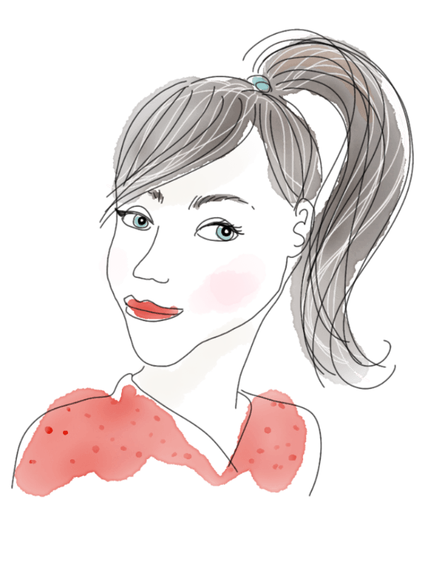 Minimal line art portrait of a confident girl with a high ponytail, bright red lips, pink cheeks, and a vivid red sweater, illustrated in an expressive, hand-drawn style.