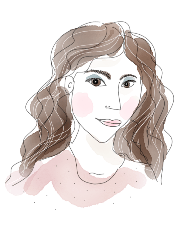 Minimal line art portrait of a woman with voluminous wavy brown hair, rosy cheeks, and a light pink blouse, illustrated in a soft and expressive drawing style.