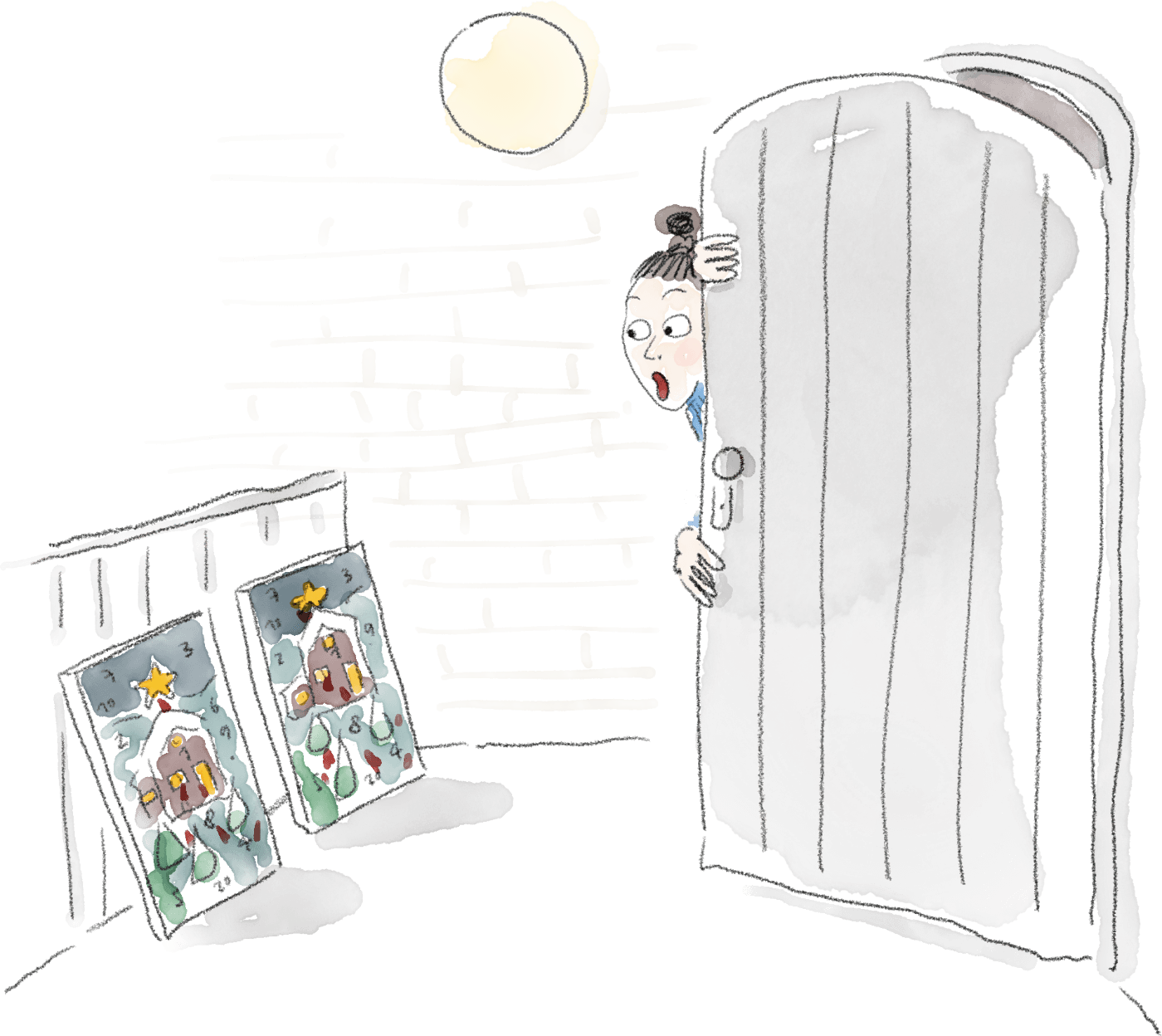 Illustration of a woman peeking through a half-open door into a dimly lit hallway, where two colorful holiday packages sit by the wall under a round ceiling lamp – a quirky and atmospheric scene by Hoppiright.