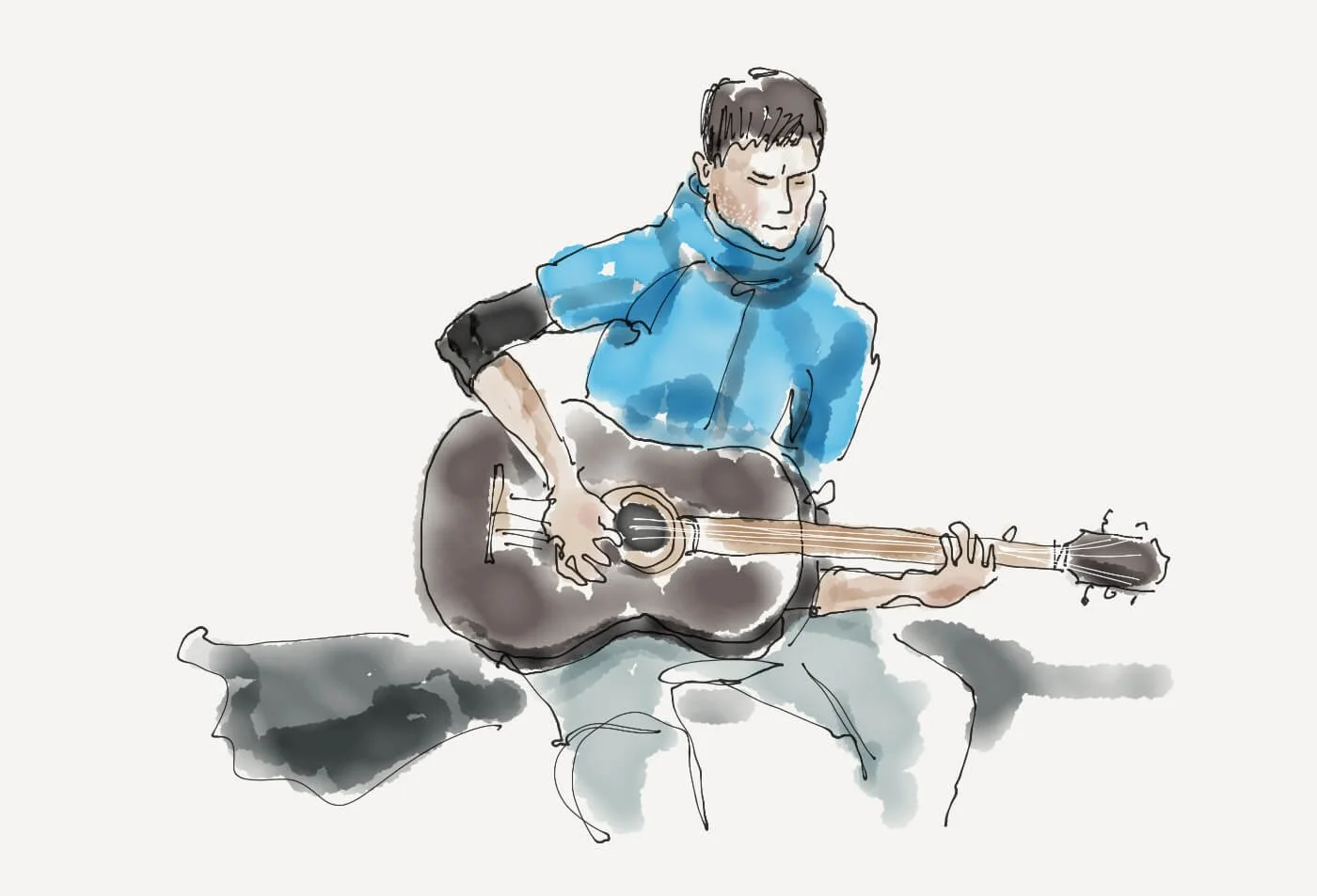 Illustration of a young man in a bright blue scarf, calmly playing an acoustic guitar while seated – a soft and introspective character illustration by Hoppiright.
