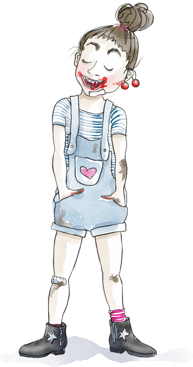 Playful hand-drawn character of a cheeky little girl with a messy face, cherries as earrings, and muddy overalls, smiling confidently in minimal line art style.
