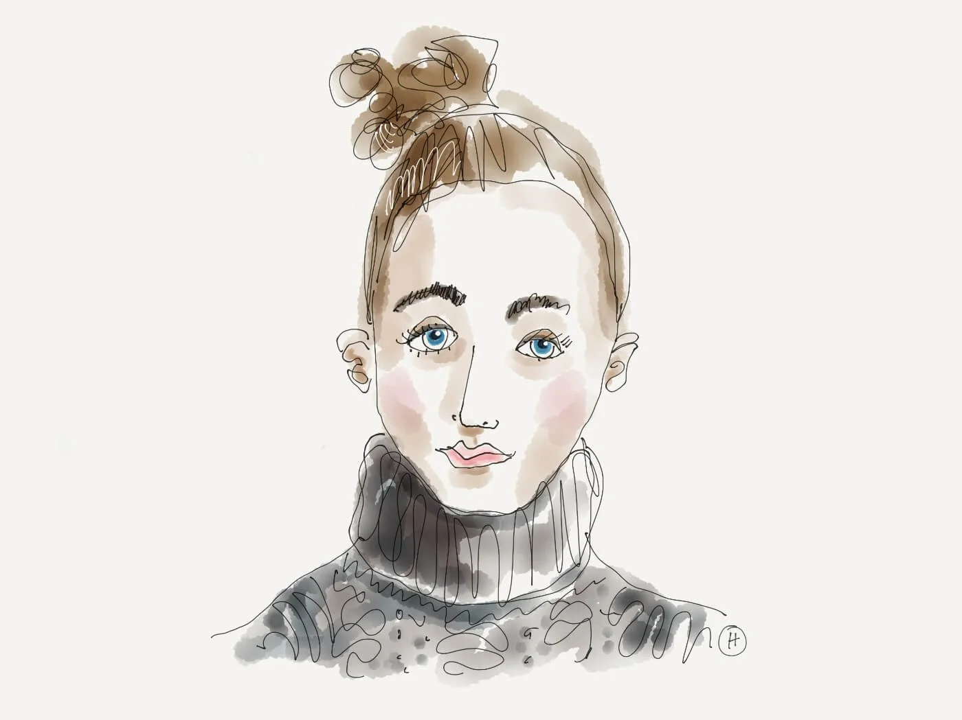 Minimal line art portrait of a young woman with blue eyes and a high bun, wearing a patterned turtleneck sweater, illustrated with soft watercolor shades.