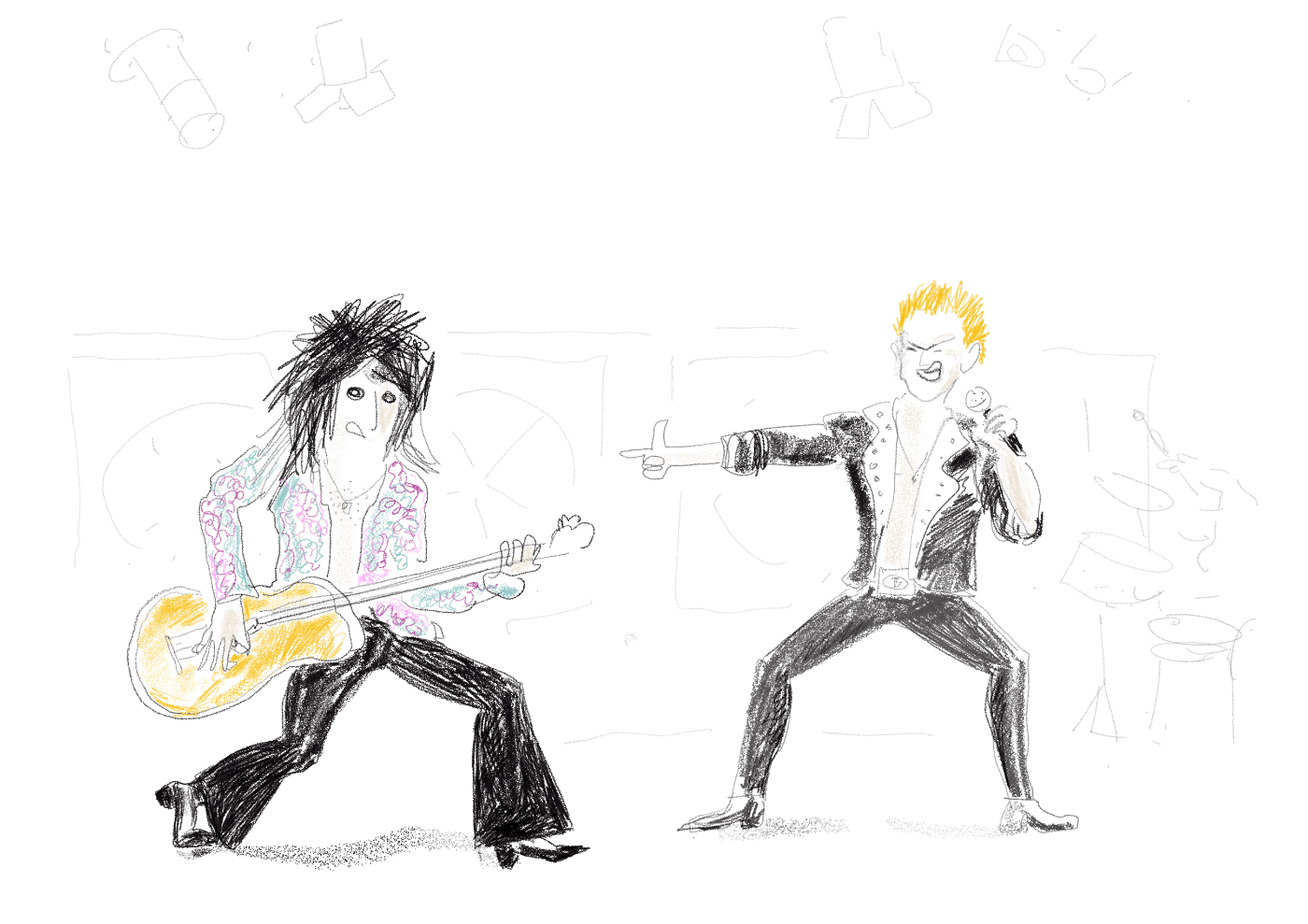 Hand-drawn illustration of Billy Idol and Steve Stevens performing on stage, with Stevens on electric guitar and Idol singing, in a bold minimal line art style.