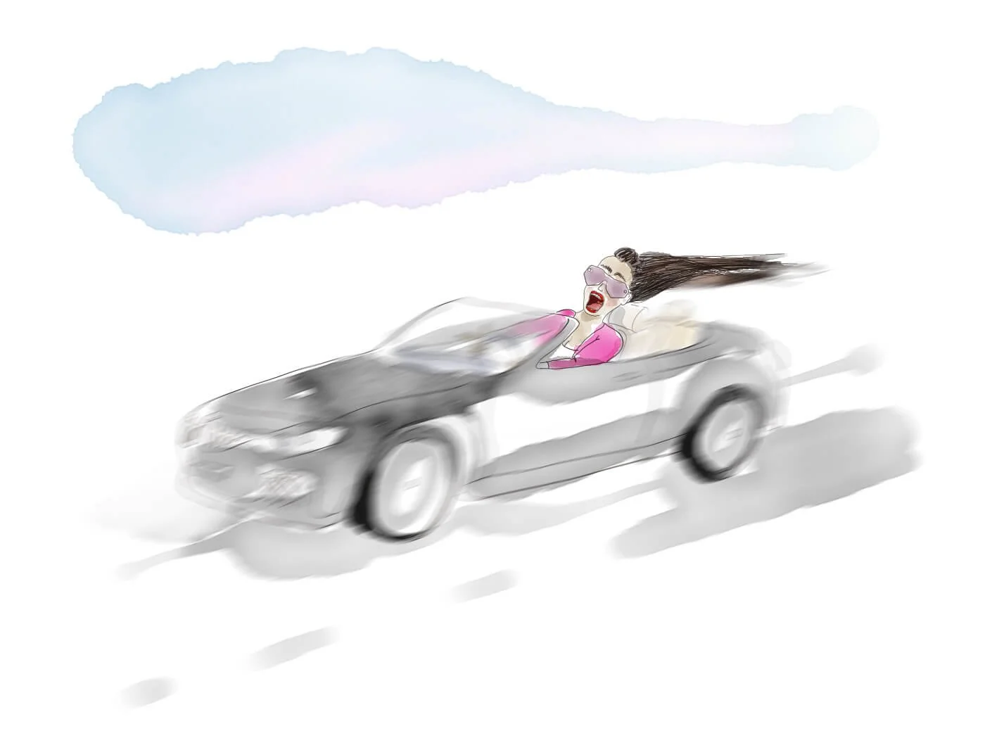 Illustration of a woman with long hair driving a convertible at high speed, wearing oversized sunglasses and a bright pink top – a bold and dynamic character by Hoppiright, full of motion and freedom.