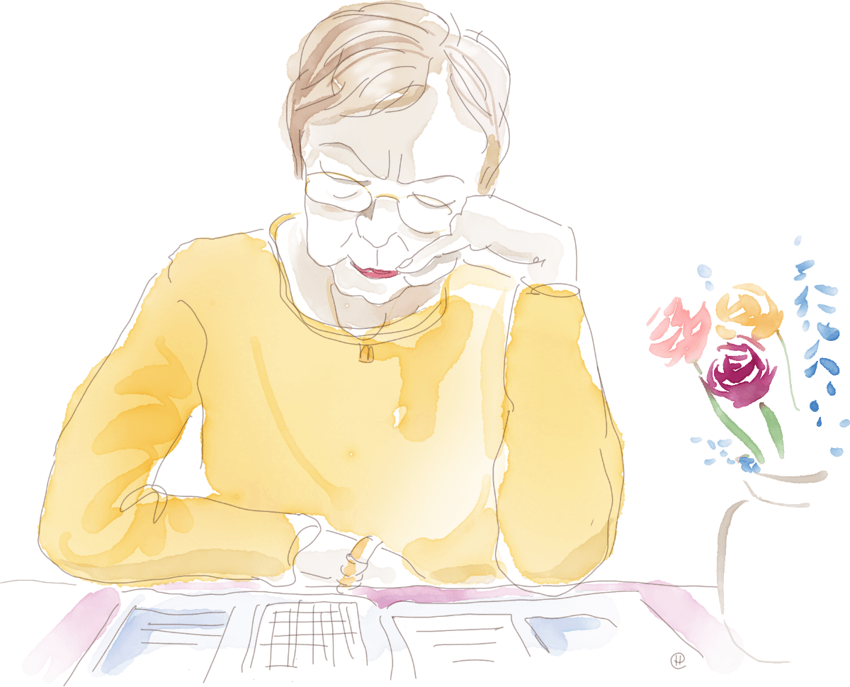 Illustration of a woman wearing a bright yellow pullover, reading a newspaper with her head resting on one hand. A small vase of colorful flowers sits beside her – a calm and observant character by Hoppiright.