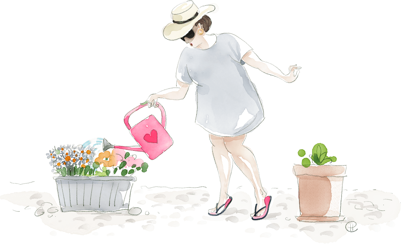 Minimal line art illustration of a relaxed woman in a sunhat and flip-flops watering colorful flowers with a pink heart-shaped watering can, an expressive Hoppiright character artwork.