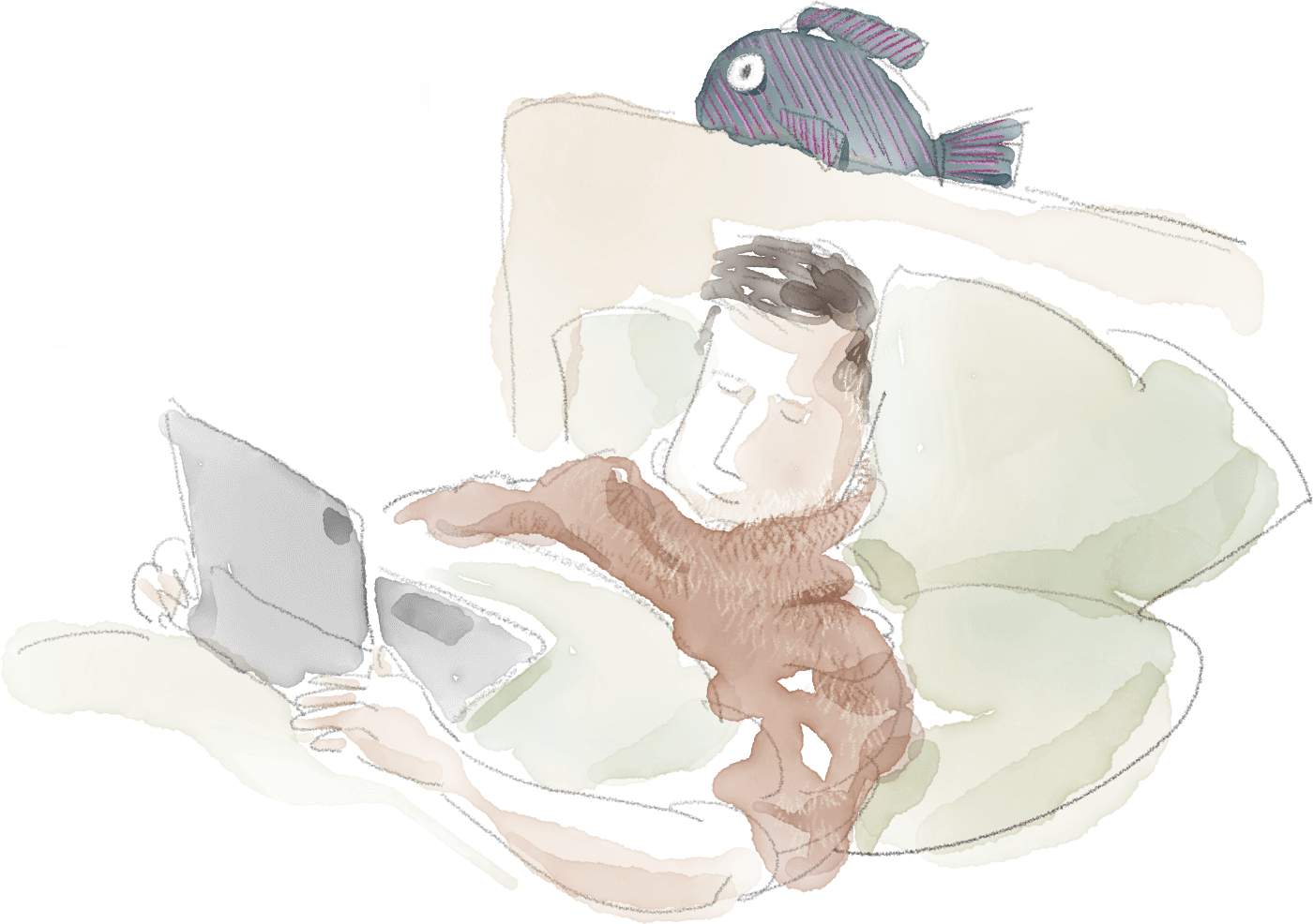 Illustration of a relaxed person lying under a blanket, using a tablet while surrounded by pillows, a plush fish and soft cushions – a cozy and introspective scene of quiet Sunday vibes.