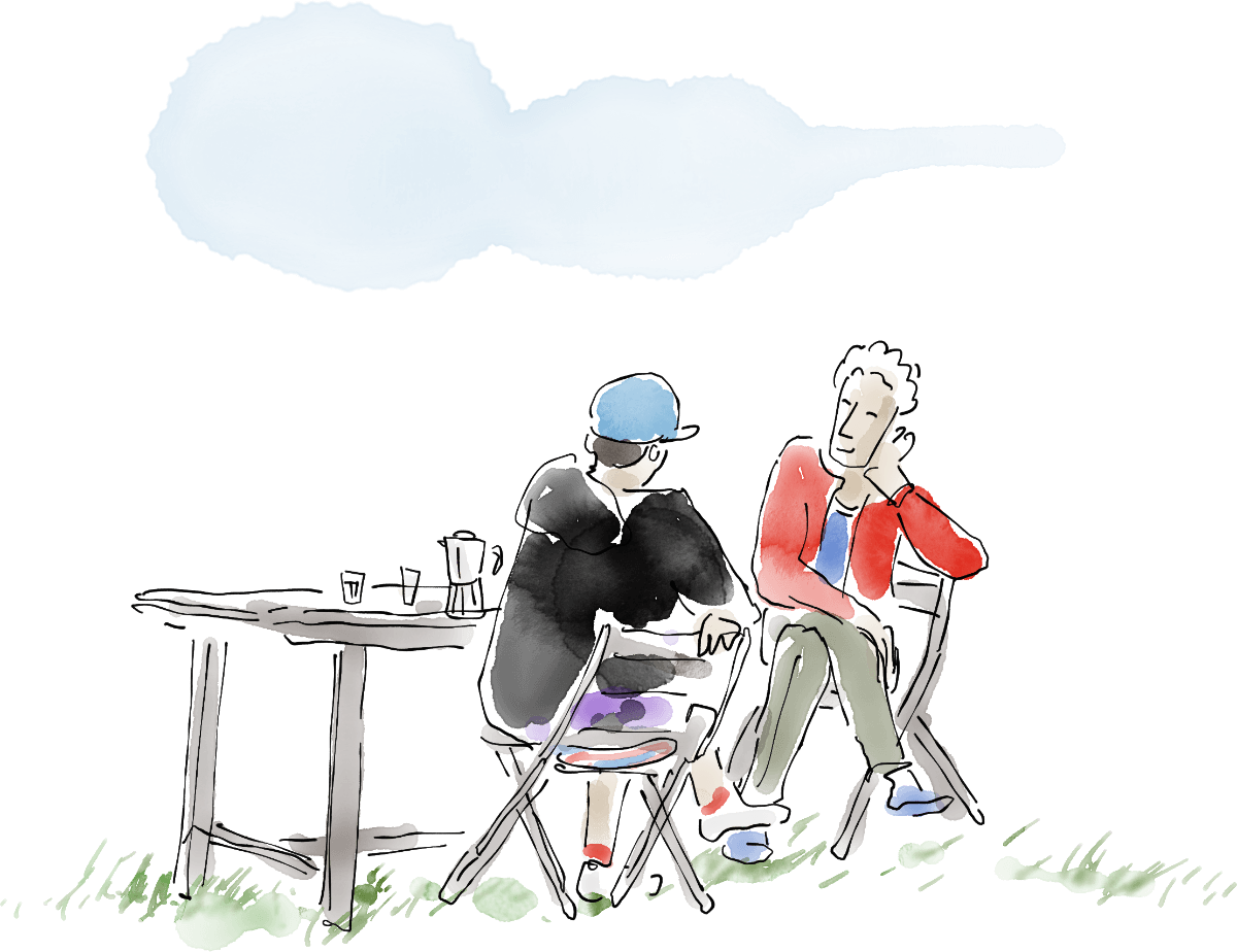 Illustration of two people sitting on folding chairs in a grassy garden, engaged in quiet conversation under a blue cloud-shaped sky – a reflective outdoor scene full of subtle emotion and character.