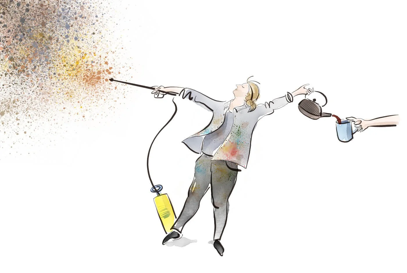 A hand-drawn character spraying colorful paint across a canvas while casually holding out a mug being filled with coffee, captured in Hoppiright’s expressive line art style.