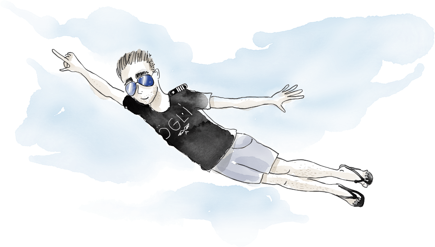 Illustration of a cheerful man flying through the sky with outstretched arms, wearing pilot sunglasses and a black “OGLI” shirt – playful and dynamic character drawing.