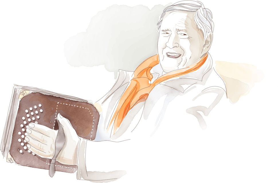 Illustration of an elderly man playing a bandoneon with a warm smile, wearing a bright orange scarf and a beige coat – a vivid portrait full of character and musical nostalgia.