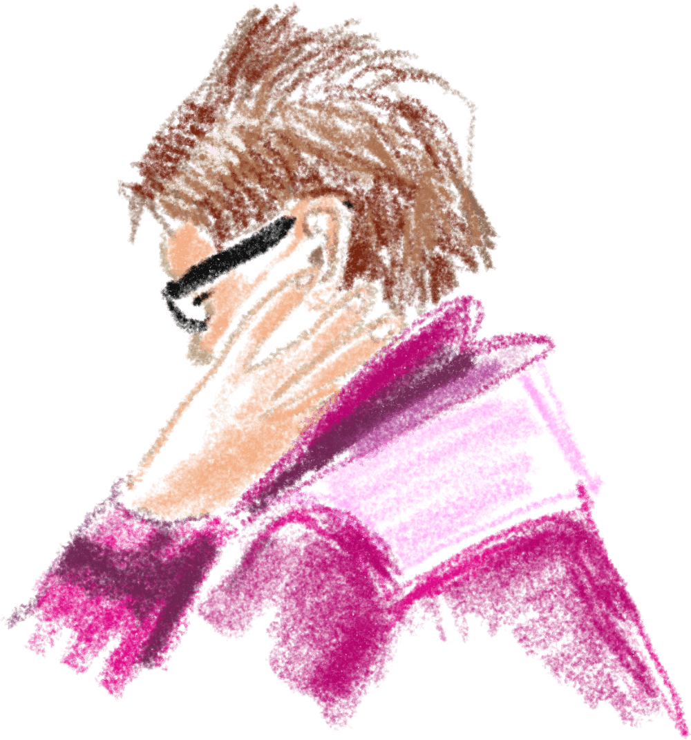 Illustration of an older woman with short tousled hair and glasses, deeply focused on reading a magazine or solving a crossword puzzle – drawn in a bold, textured crayon style.